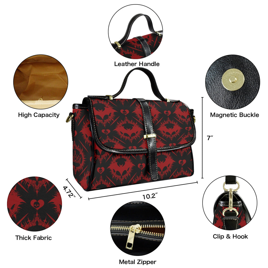 Gothic Bat Pattern Crossbody Bag | Red & Black Damask Waterproof Canvas Satchel Purse