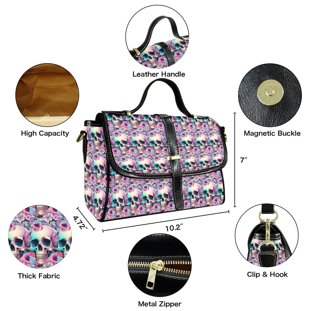 Pastel Goth Skull Floral Crossbody Satchel Bag — Waterproof Canvas Shoulder Bag