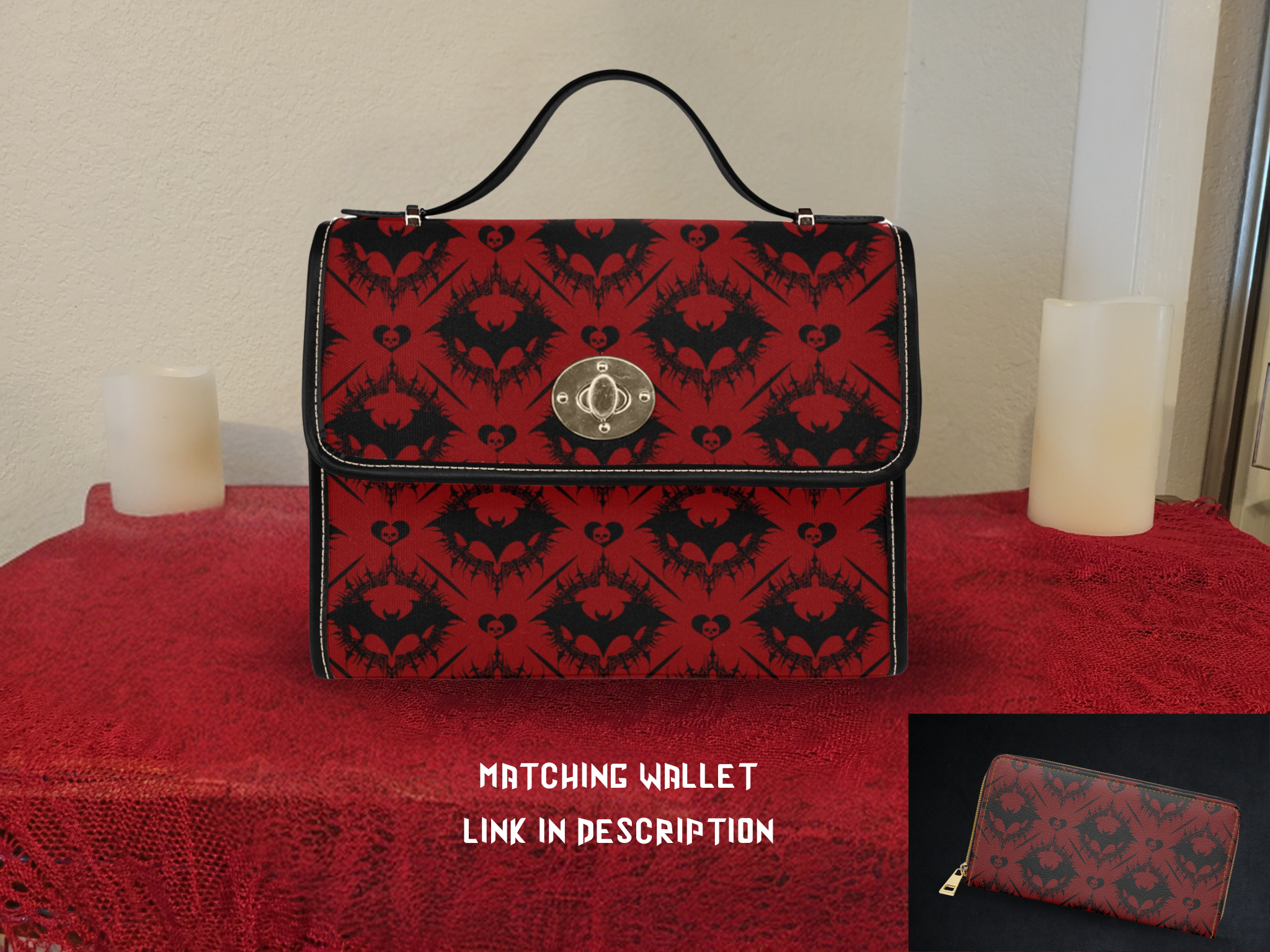 Scarlet red black gothic bat damask skull hearts thorn waterproof canvas handbag crossbody purse gold turn lock