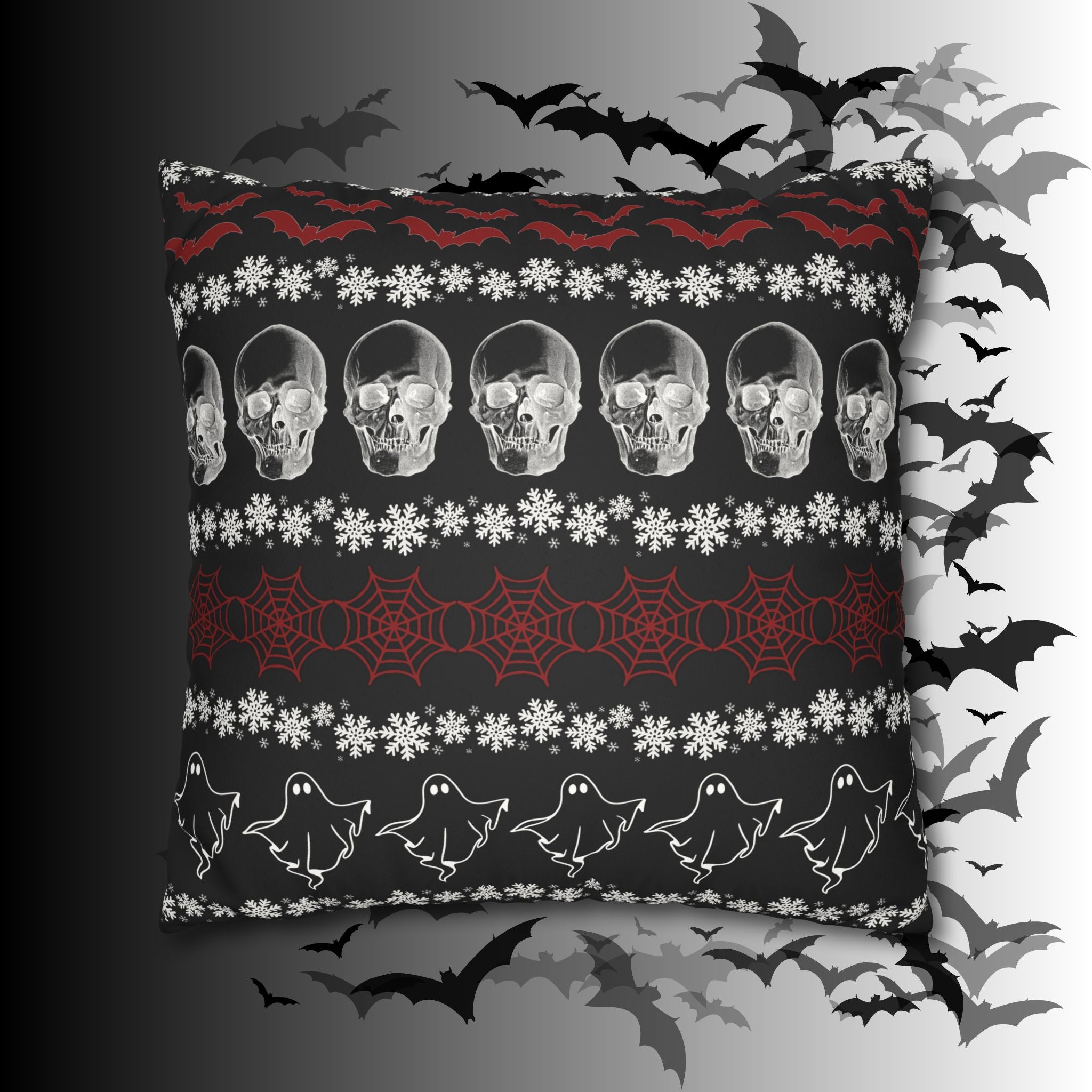 Merry Creepmas Gothic Ugly Sweater Throw Pillow — Goth Holiday Dark Home Decor
