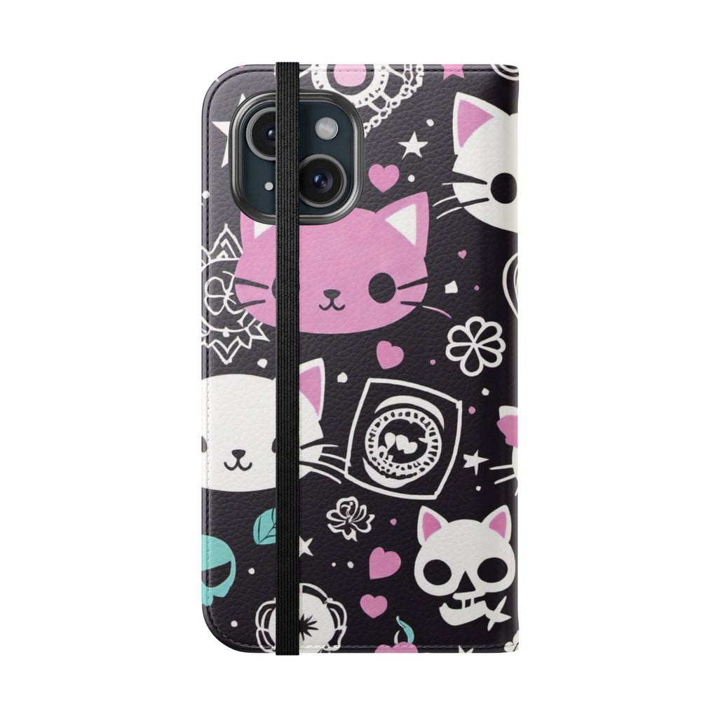 Pastel Goth Cat Flip Wallet Phone Case - Goth Cat Wallet Case for Samsung iPhone - Gothic Style Cats Wallet Phone Cases