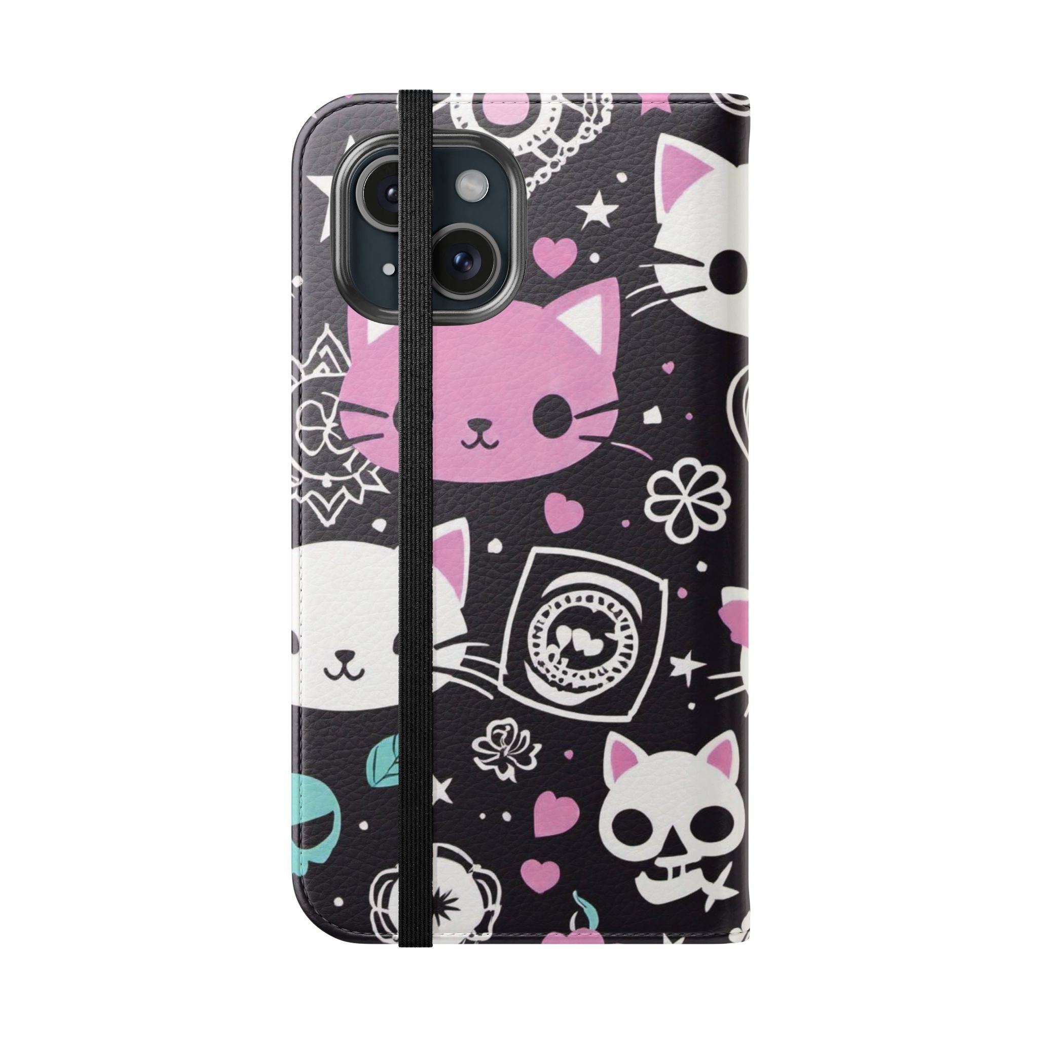 Pastel Goth Cat Flip Wallet Phone Case - Goth Cat Wallet Case for Samsung iPhone - Gothic Style Cats Wallet Phone Cases