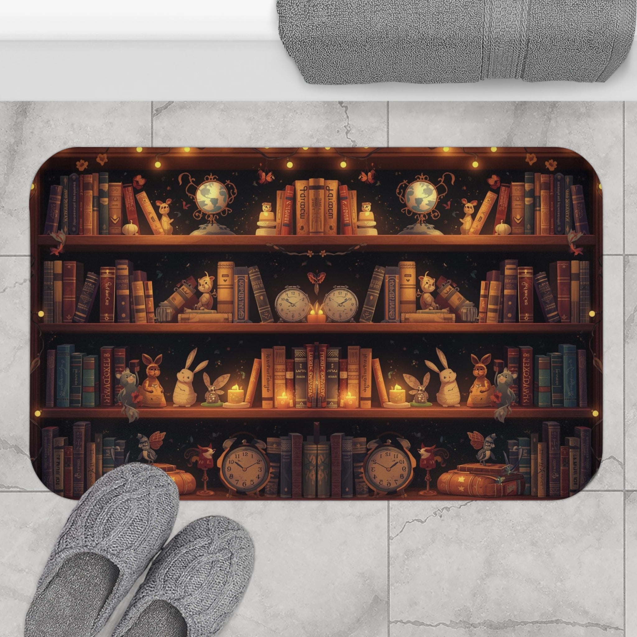 Cozy fantasy bath mat with four shelves of richly colored books, small rabbit and animal figurines, globes, alarm clocks, candles, and fairy lights in warm amber tones displayed on marble tile flooring
