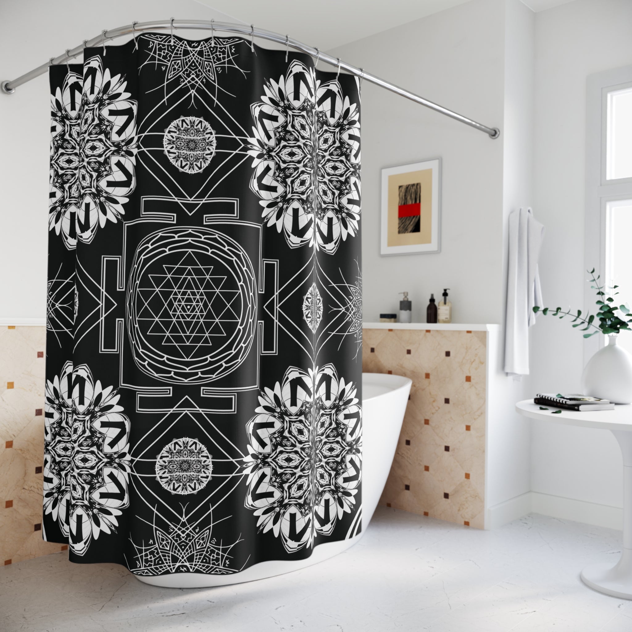 Sacred Geometry Shower Curtain — Mystical Black & White Mandala Bathroom Decor