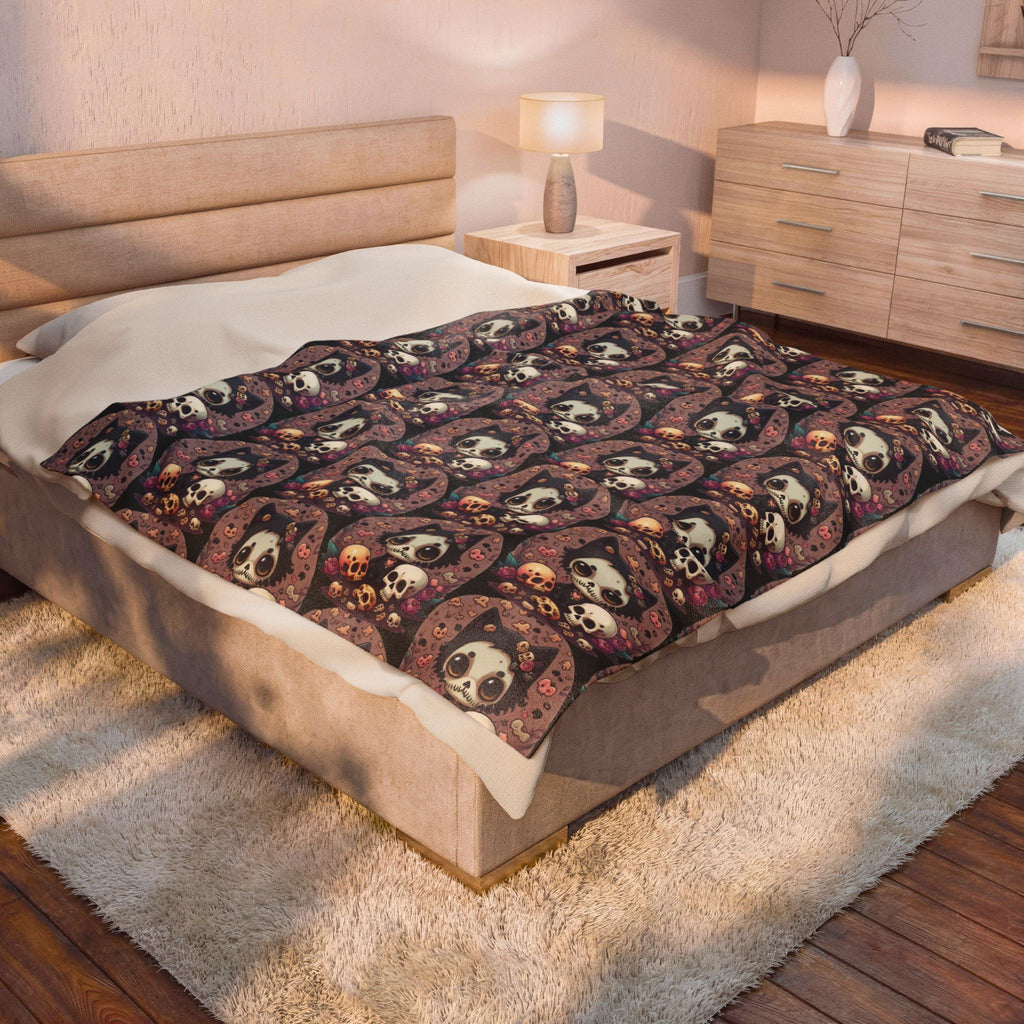Kawaii Skull Cat Throw Blanket — Creepy Cute Gothic Home Decor