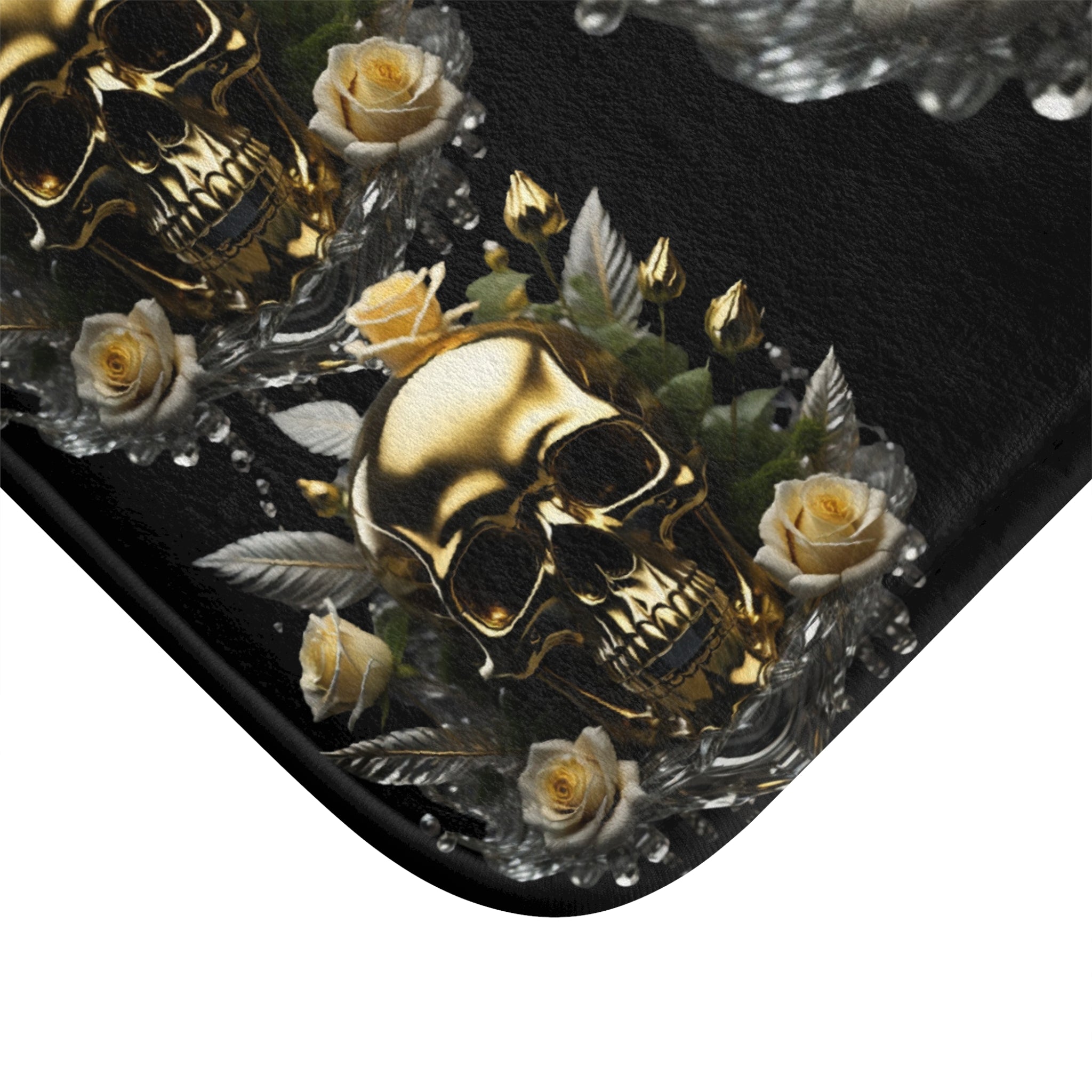 Gothic Gold Skull Crystal Rose Bath Mat — Whimsigoth Bathroom Decor