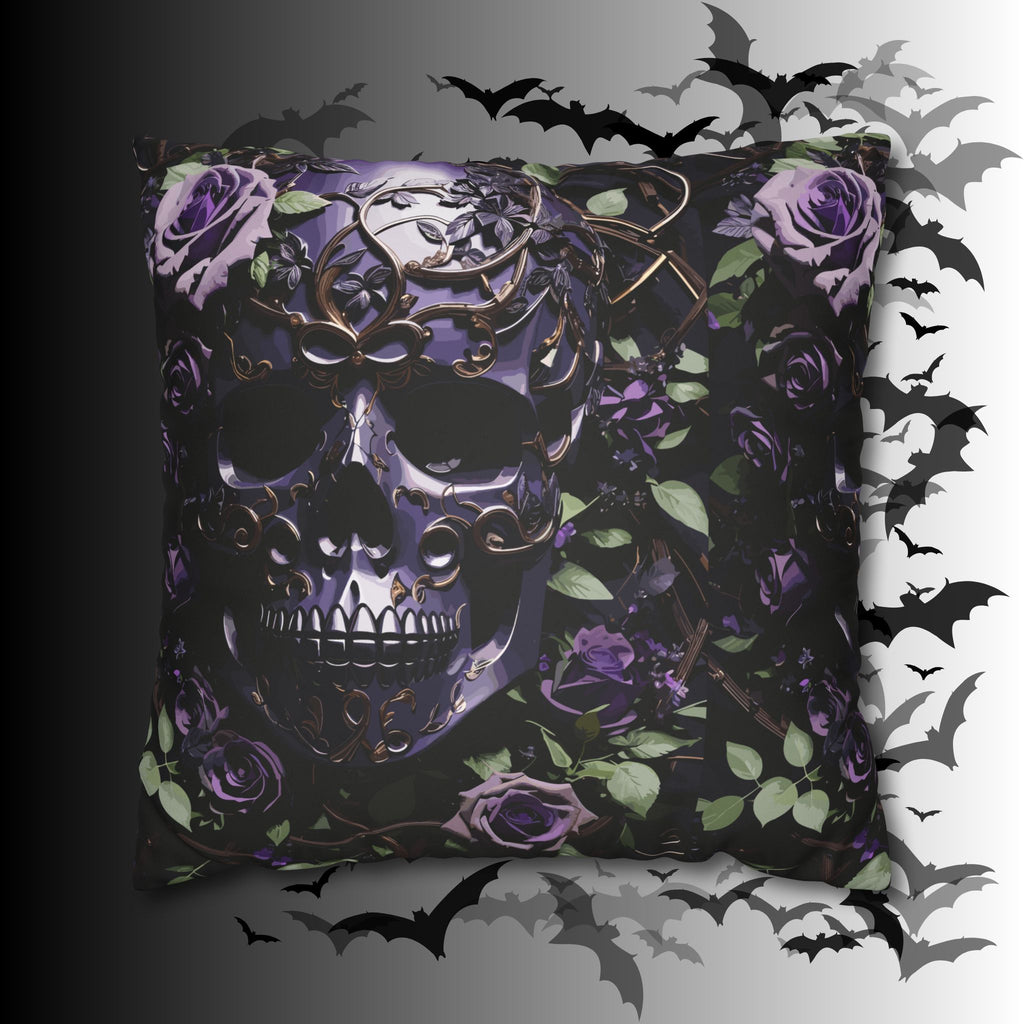 Gothic Black Purple Skull Throw Pillow — Dark Floral Botanical Home Decor