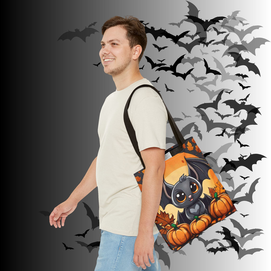 Kawaii Bat & Pumpkin Halloween Tote Bag — Autumn Full Moon Print