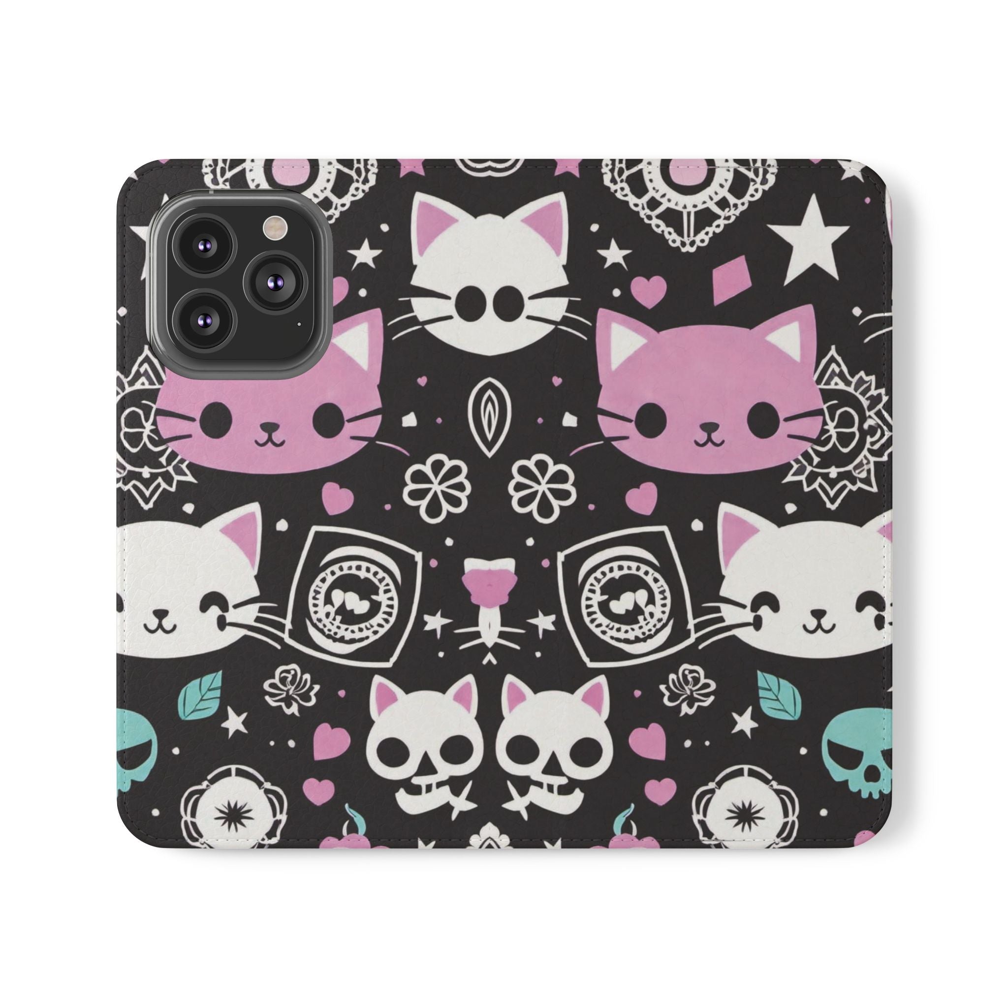 Pastel Goth Cat Flip Wallet Phone Case - Goth Cat Wallet Case for Samsung iPhone - Gothic Style Cats Wallet Phone Cases