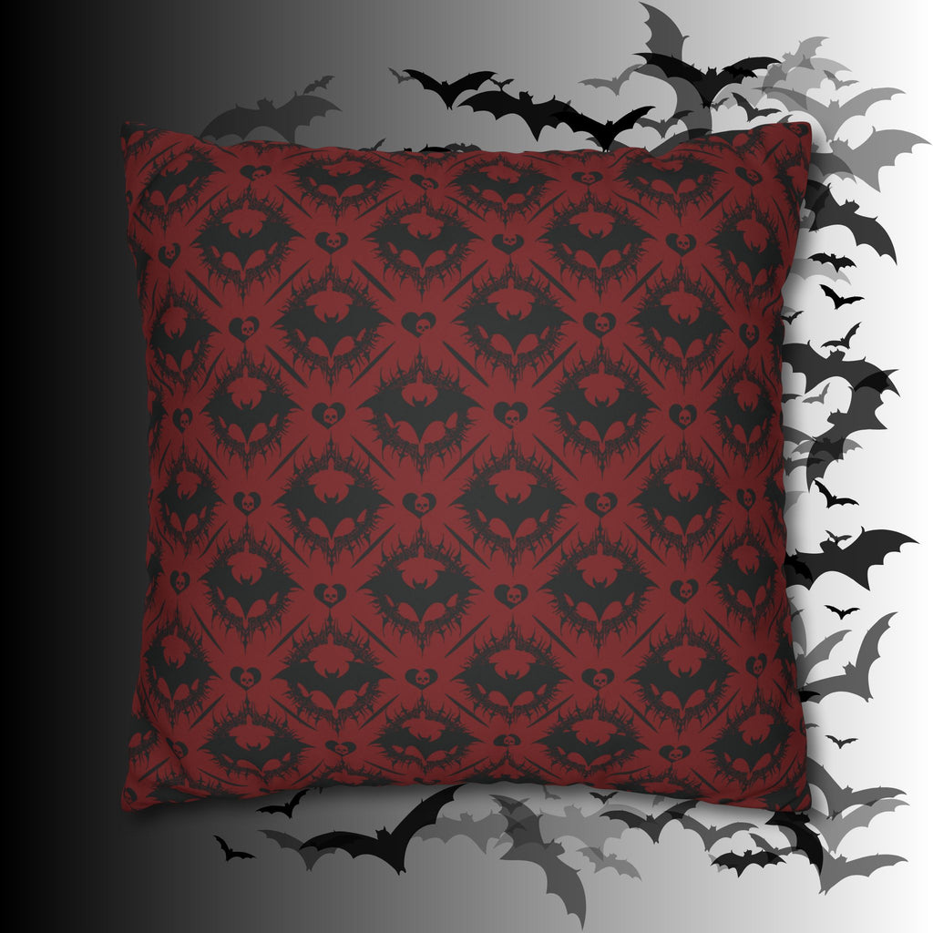 Gothic Bat Diamond Pattern Throw Pillow — Dark Red Damask Home Decor