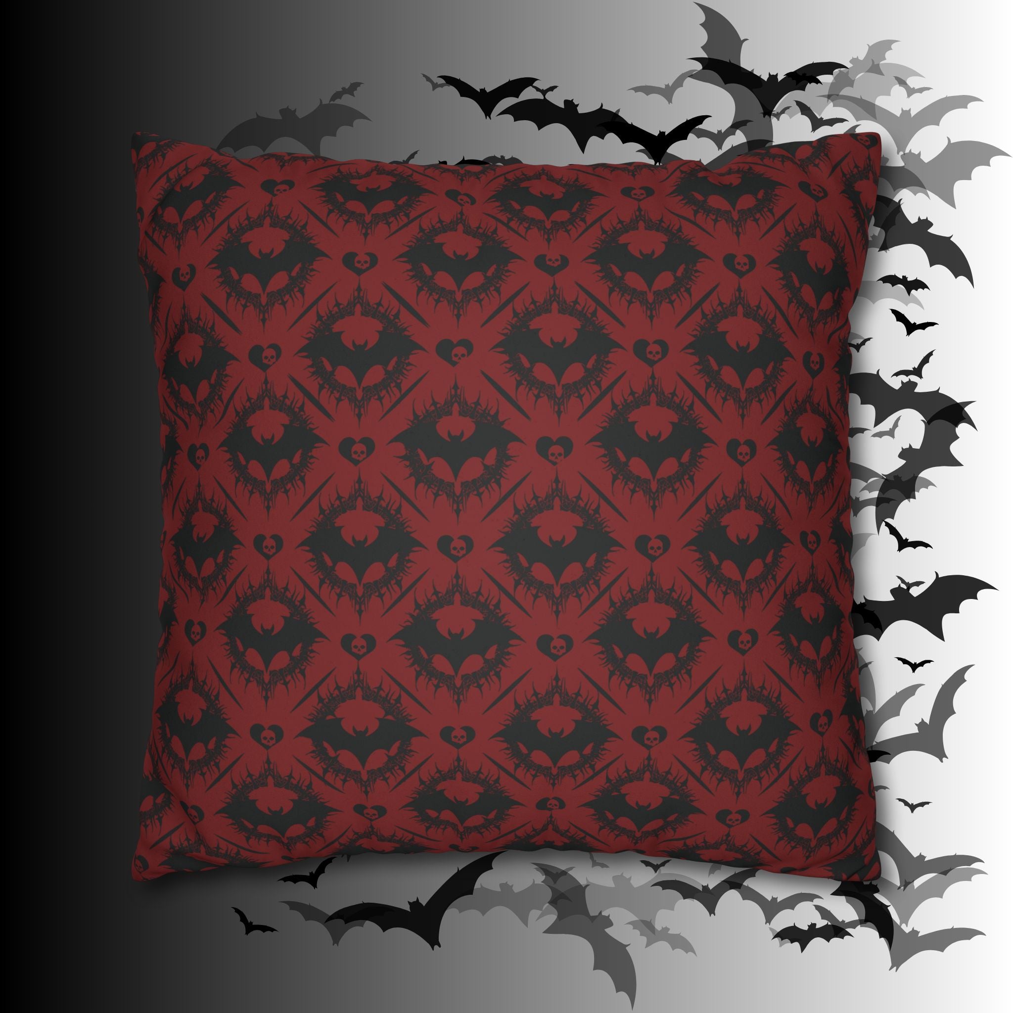Gothic Bat Diamond Pattern Throw Pillow — Dark Red Damask Home Decor