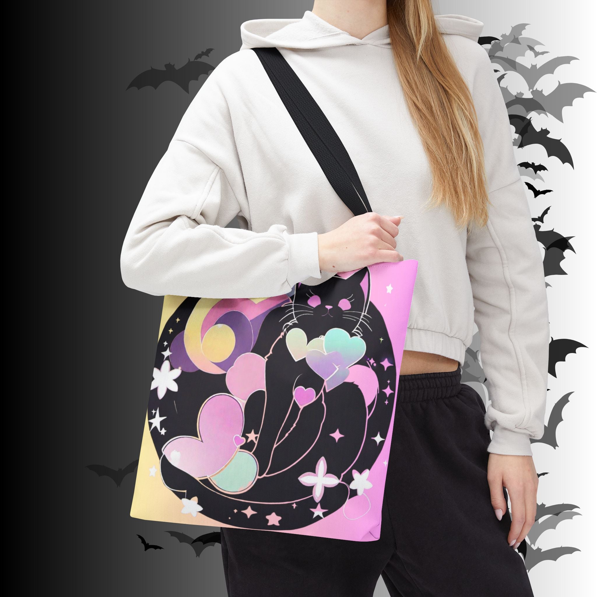 Pastel Goth Black Cat Heart Balloon Tote Bag — Kawaii Moon Print