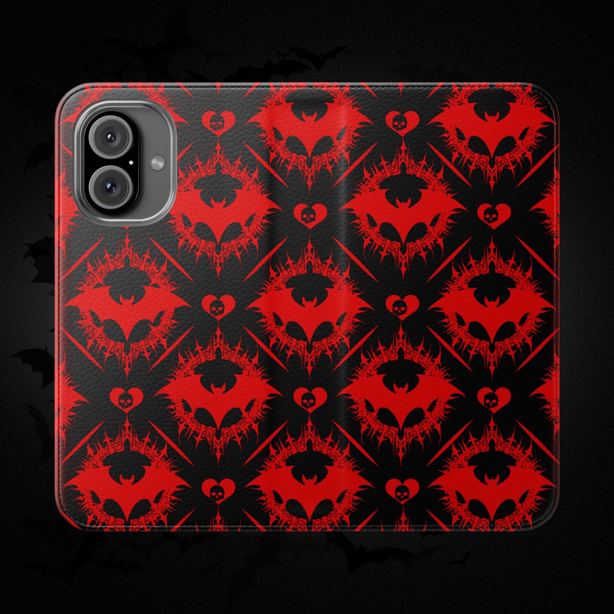 Gothic Bat Wallet Flip Case - Elegant Goth Phone Wallet - Bat Pattern Flip Case - Gothic Phone Case - Stylish Wallet Phone Case