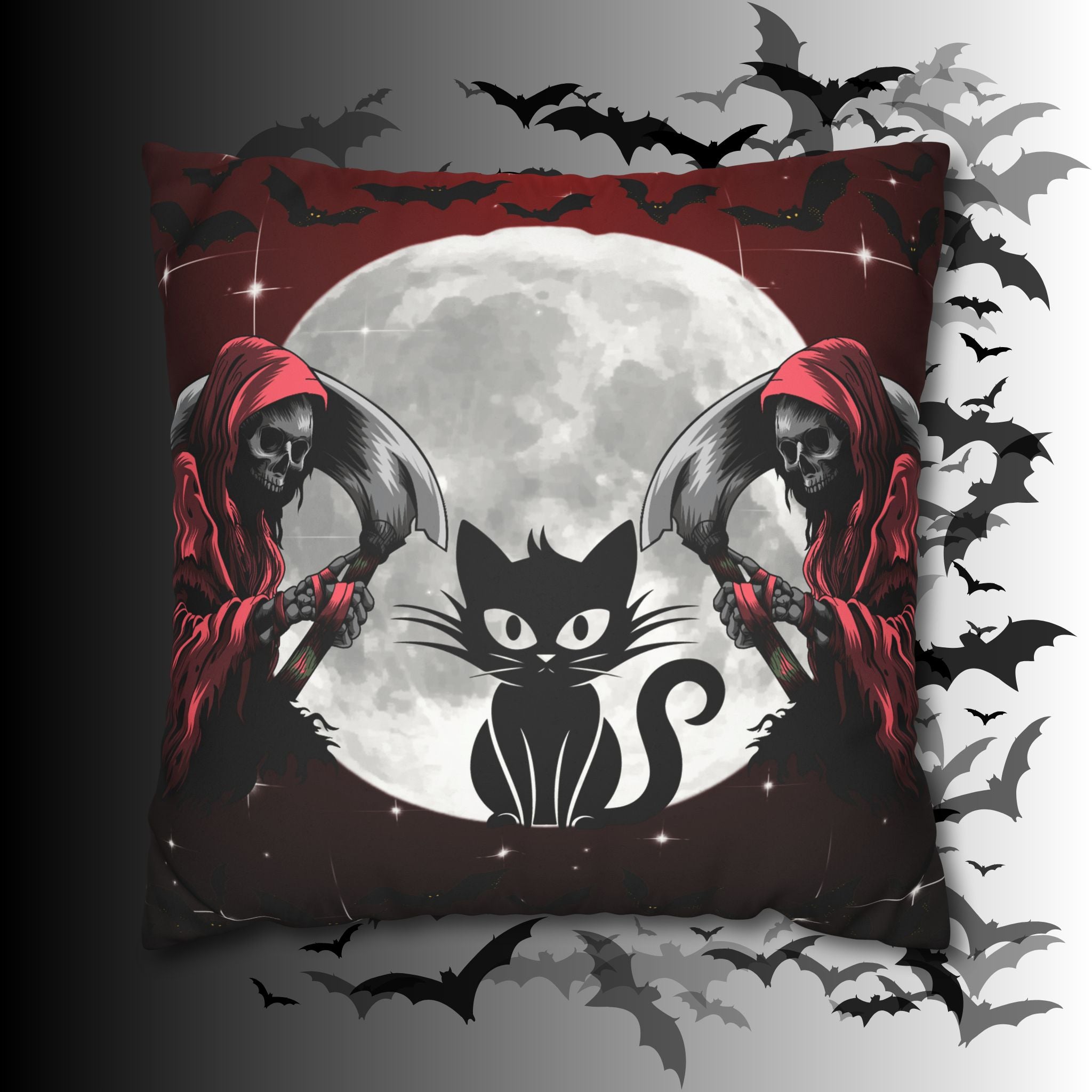 Gothic Black Cat Grim Reaper Throw Pillow — Moonlit Dark Home Decor