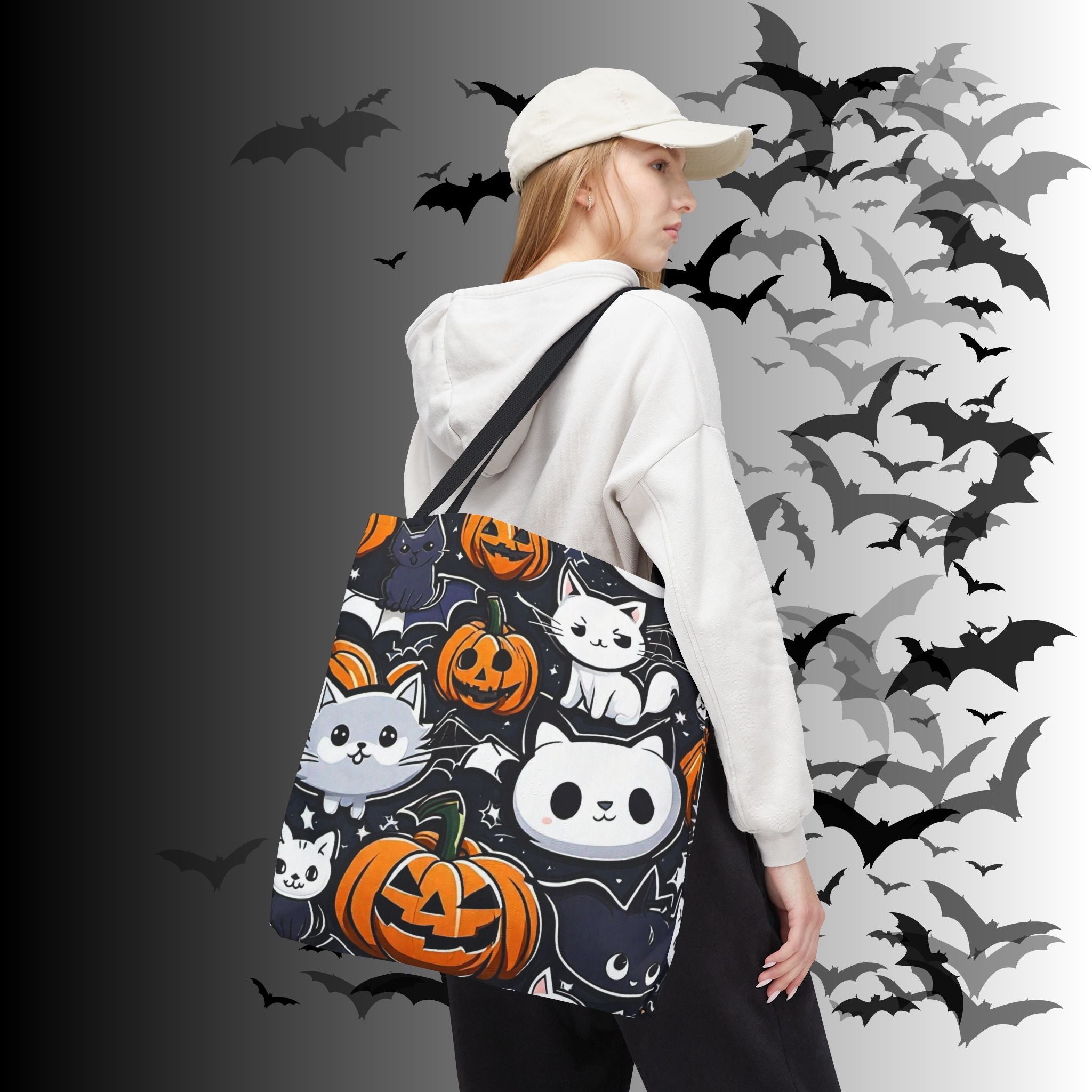 Kawaii Halloween Cat & Pumpkin Tote Bag — Spooky Multi-Cat Pattern