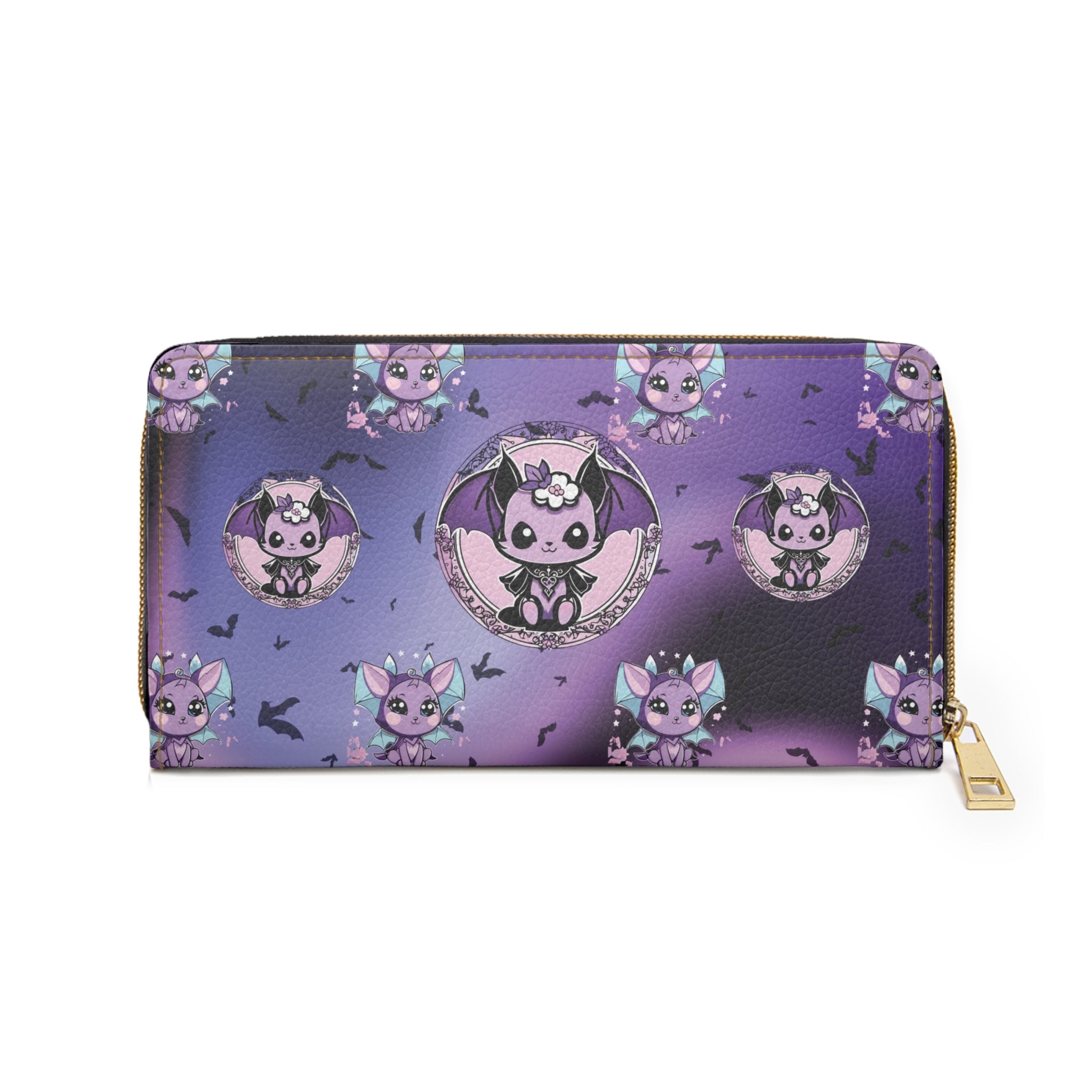 Pastel Goth Kawaii Bat Print Wallet | Purple Faux Leather Zipper Clutch