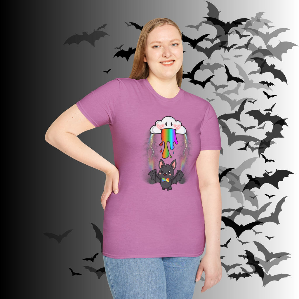 Rainbow Vomit Cloud Bat T-Shirt — Kawaii Goth Pride Unisex Tee