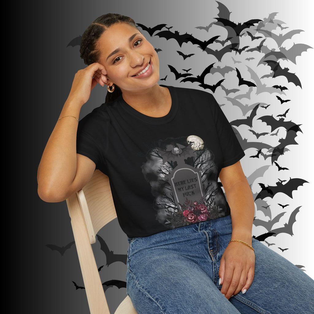 "Here Lies My Last F*ck" Gothic Gravestone T-Shirt — Spooky Humor Tee