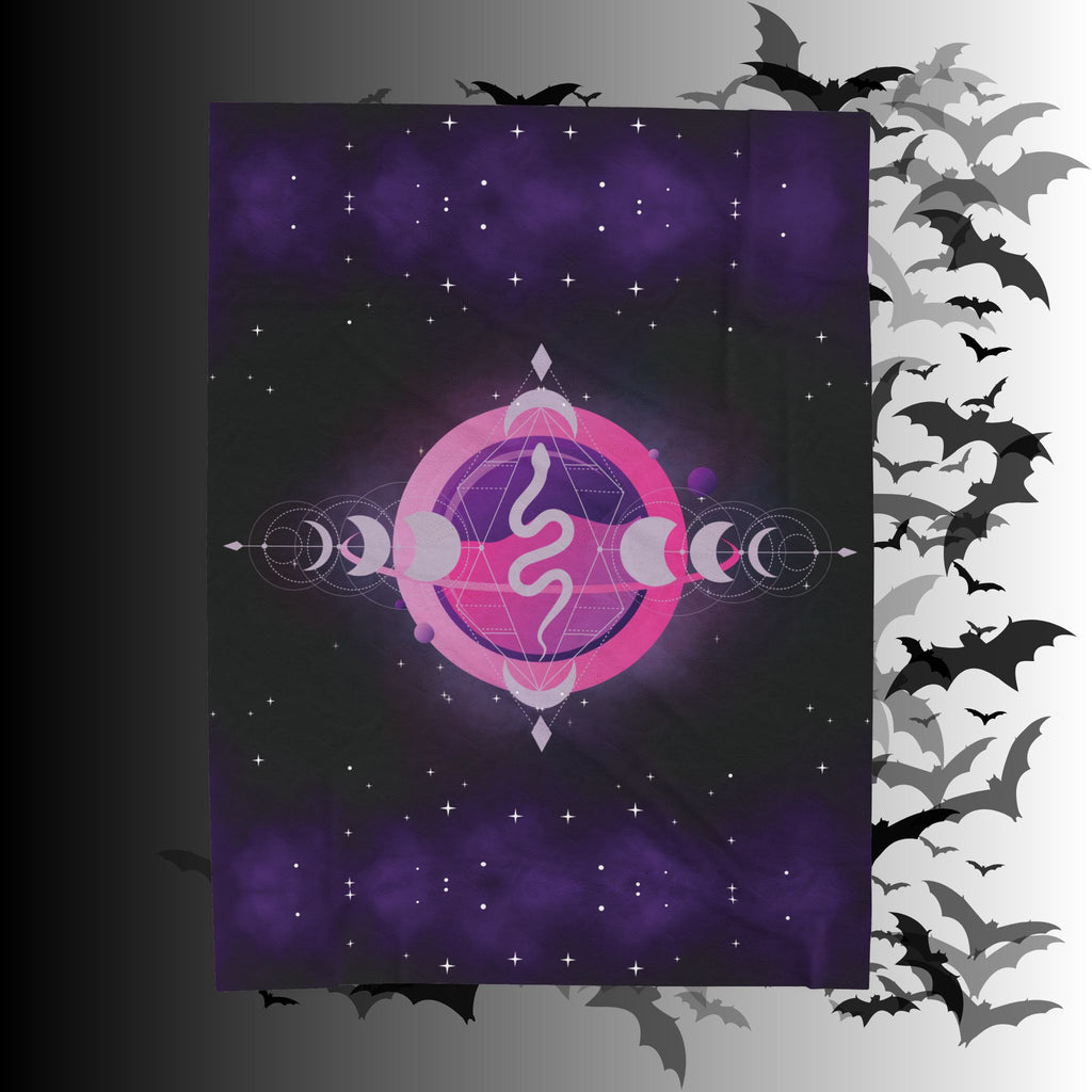 Pastel Goth Celestial Snake Moon Phase Throw Blanket — Pink & Purple Witchy Decor