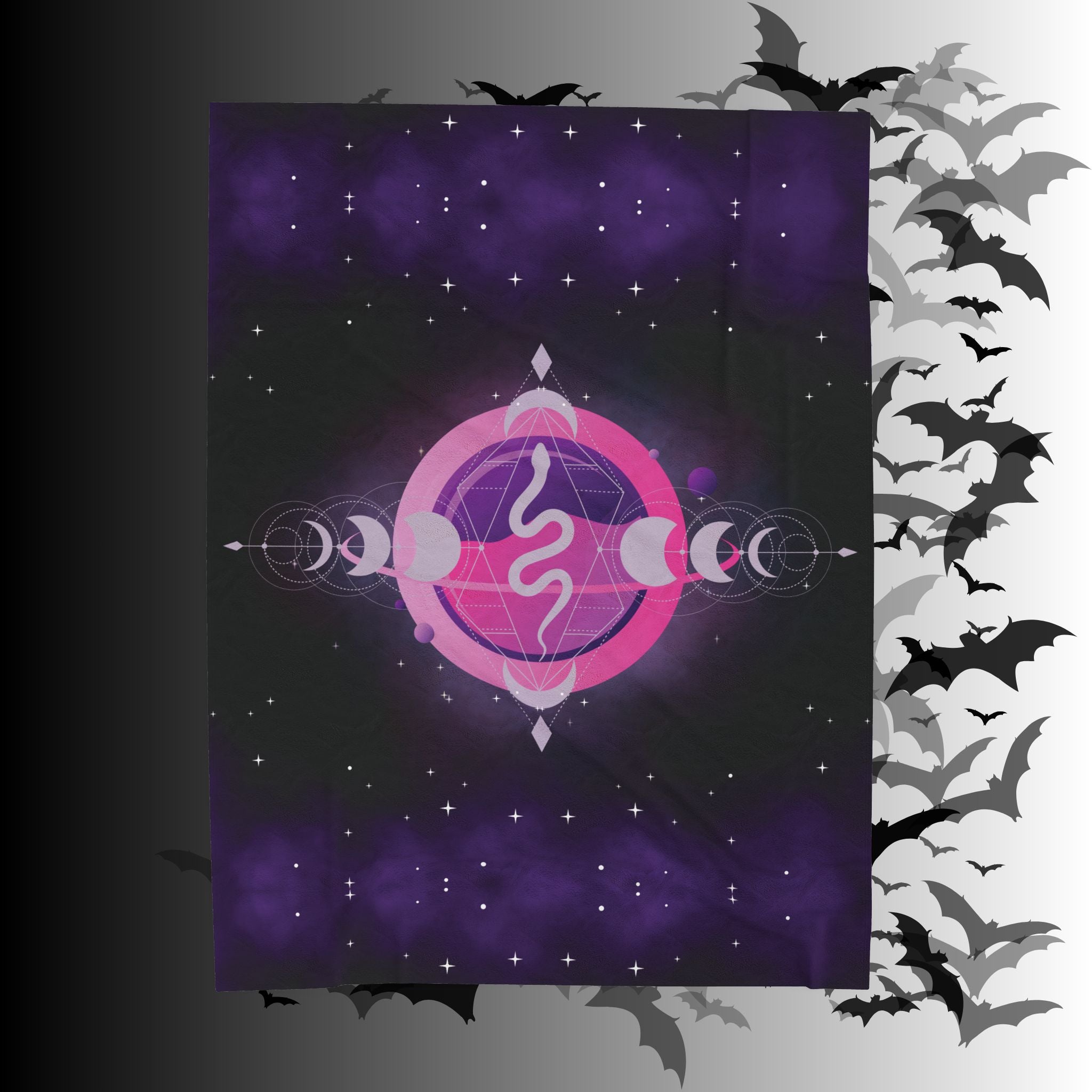 Pastel Goth Celestial Snake Moon Phase Throw Blanket — Pink & Purple Witchy Decor