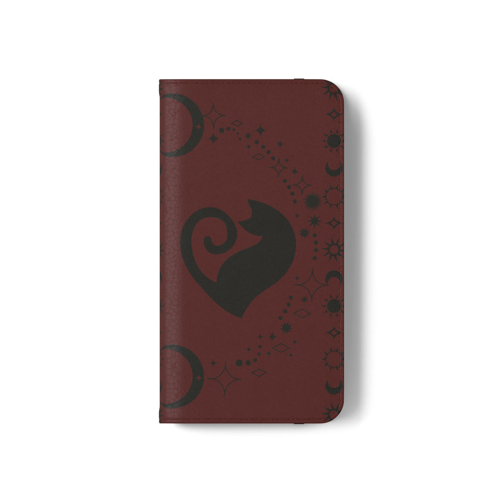Dark Academia Celestial Black Cat Flip Wallet Case for iPhone and Samsung Galaxy Phones