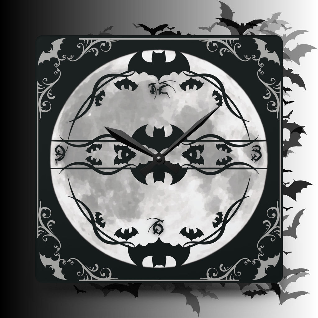 Gothic Bats Full Moon Wall Clock — Halloween Acrylic Art Print Home Decor
