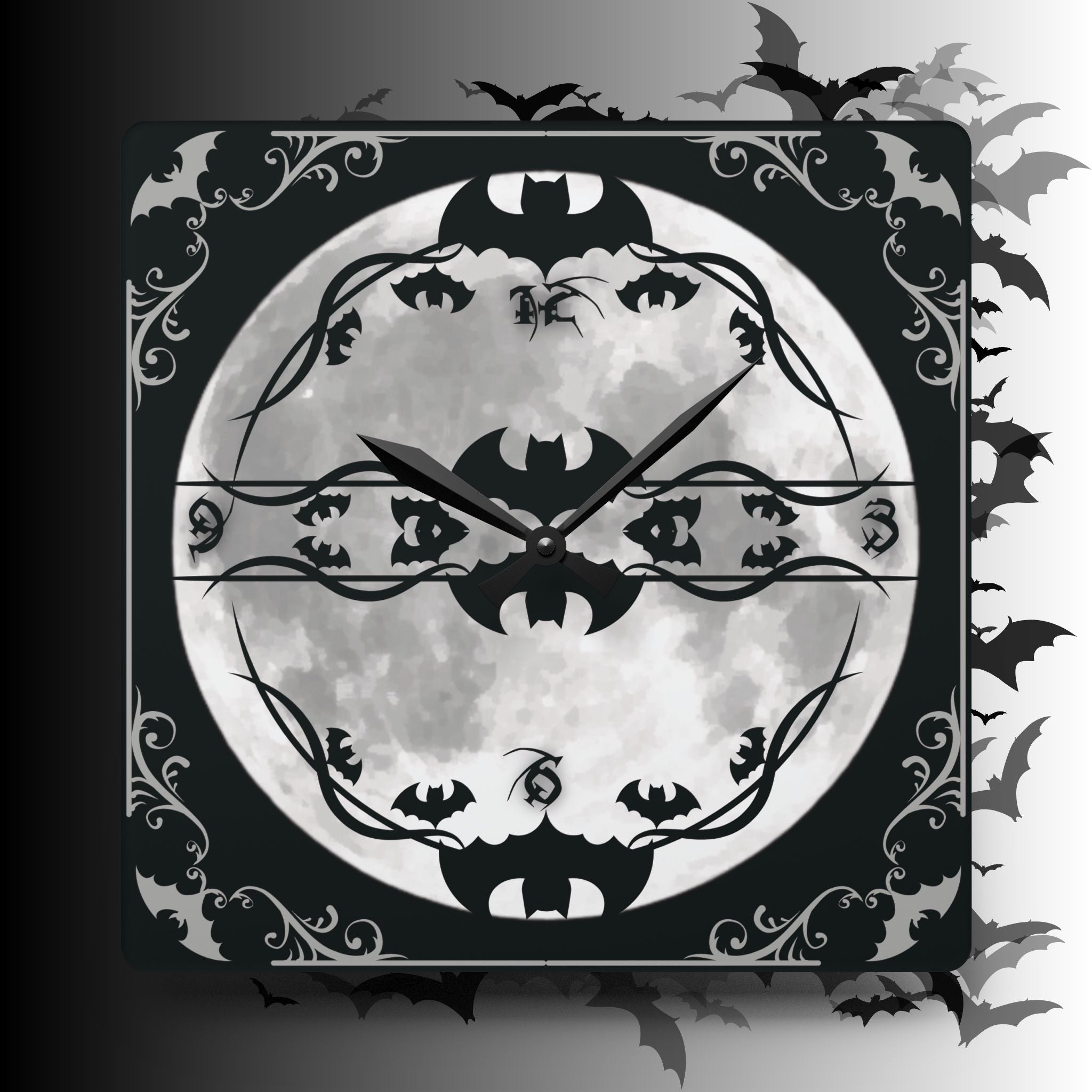 Gothic Bats Full Moon Wall Clock — Halloween Acrylic Art Print Home Decor