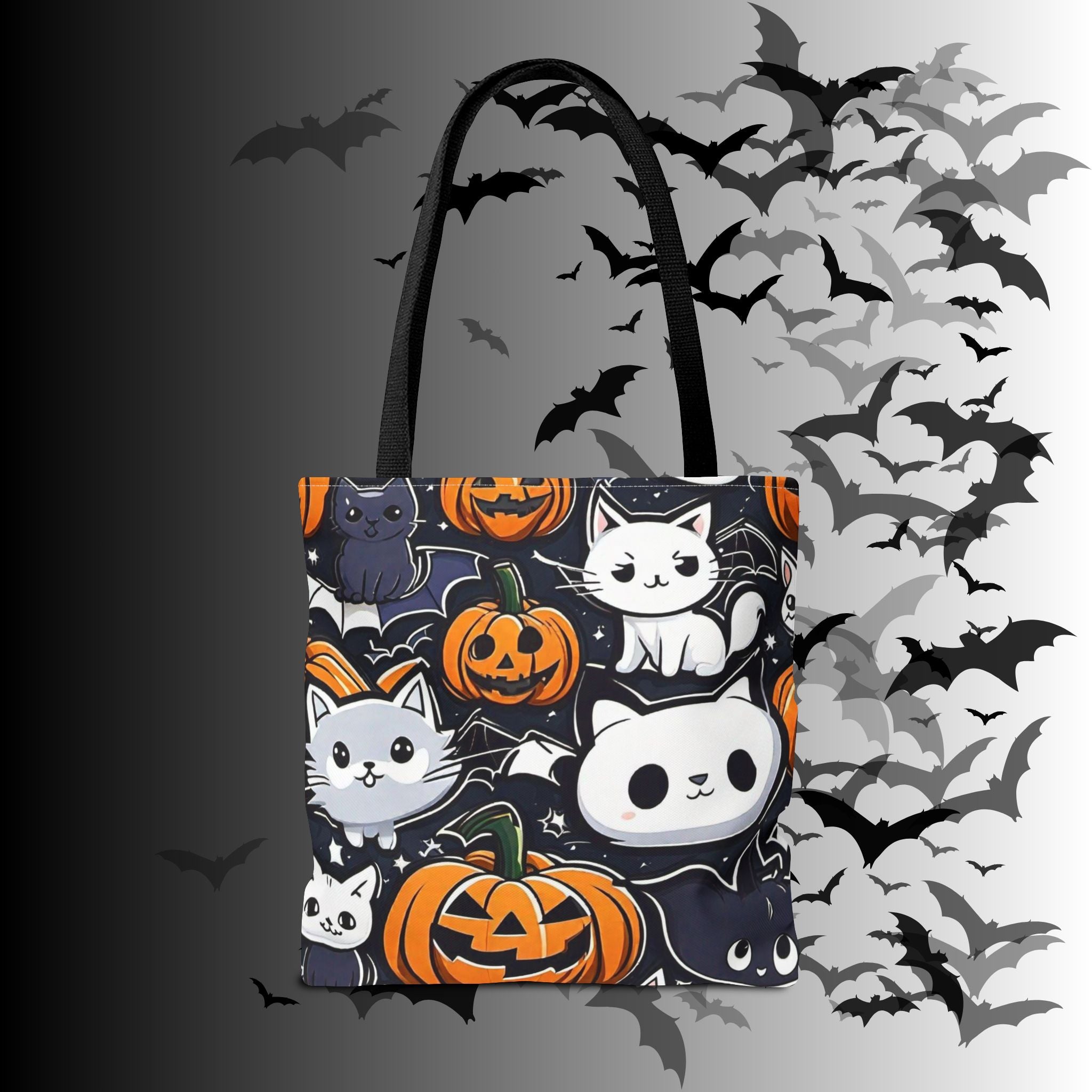 Kawaii Halloween Cat & Pumpkin Tote Bag — Spooky Multi-Cat Pattern
