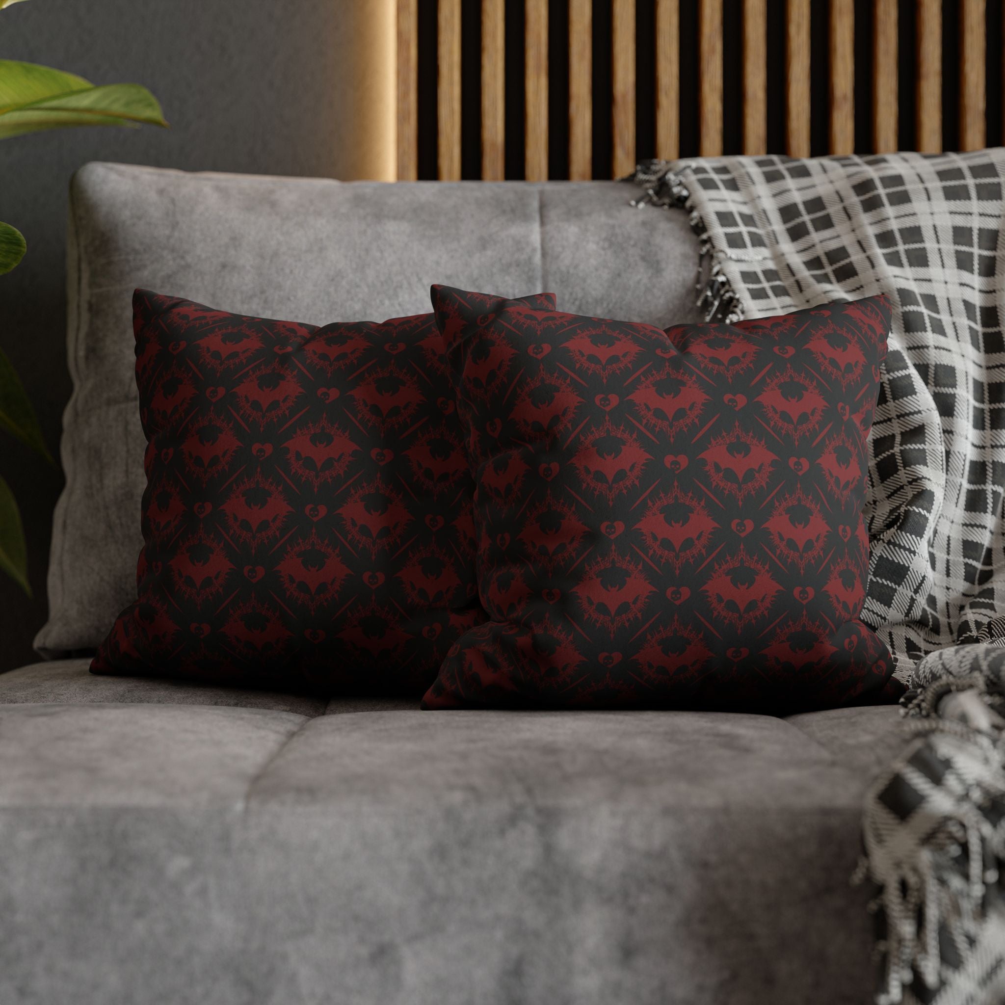 Gothic Bat Diamond Pattern Throw Pillow — Midnight Black Dark Home Decor