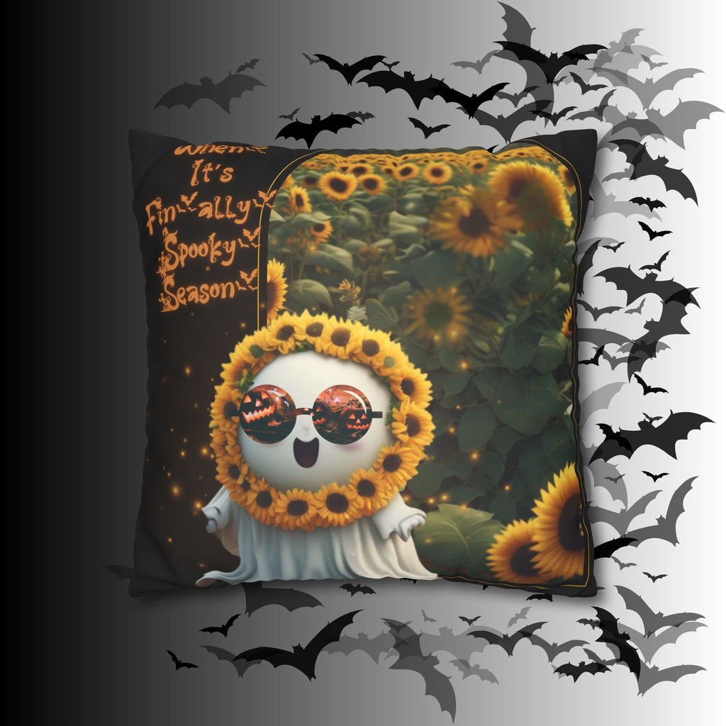 Spooky Season Ghost Sunflower Throw Pillow — Halloween Dark Home Decor
