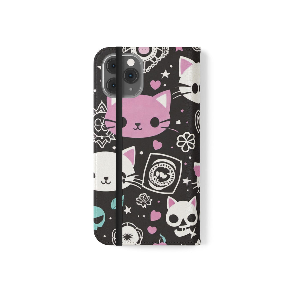 Pastel Goth Cat Flip Wallet Phone Case - Goth Cat Wallet Case for Samsung iPhone - Gothic Style Cats Wallet Phone Cases