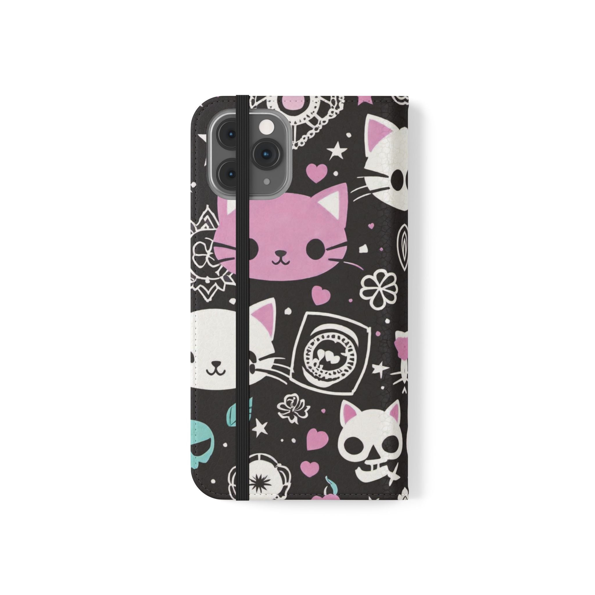 Pastel Goth Cat Flip Wallet Phone Case - Goth Cat Wallet Case for Samsung iPhone - Gothic Style Cats Wallet Phone Cases