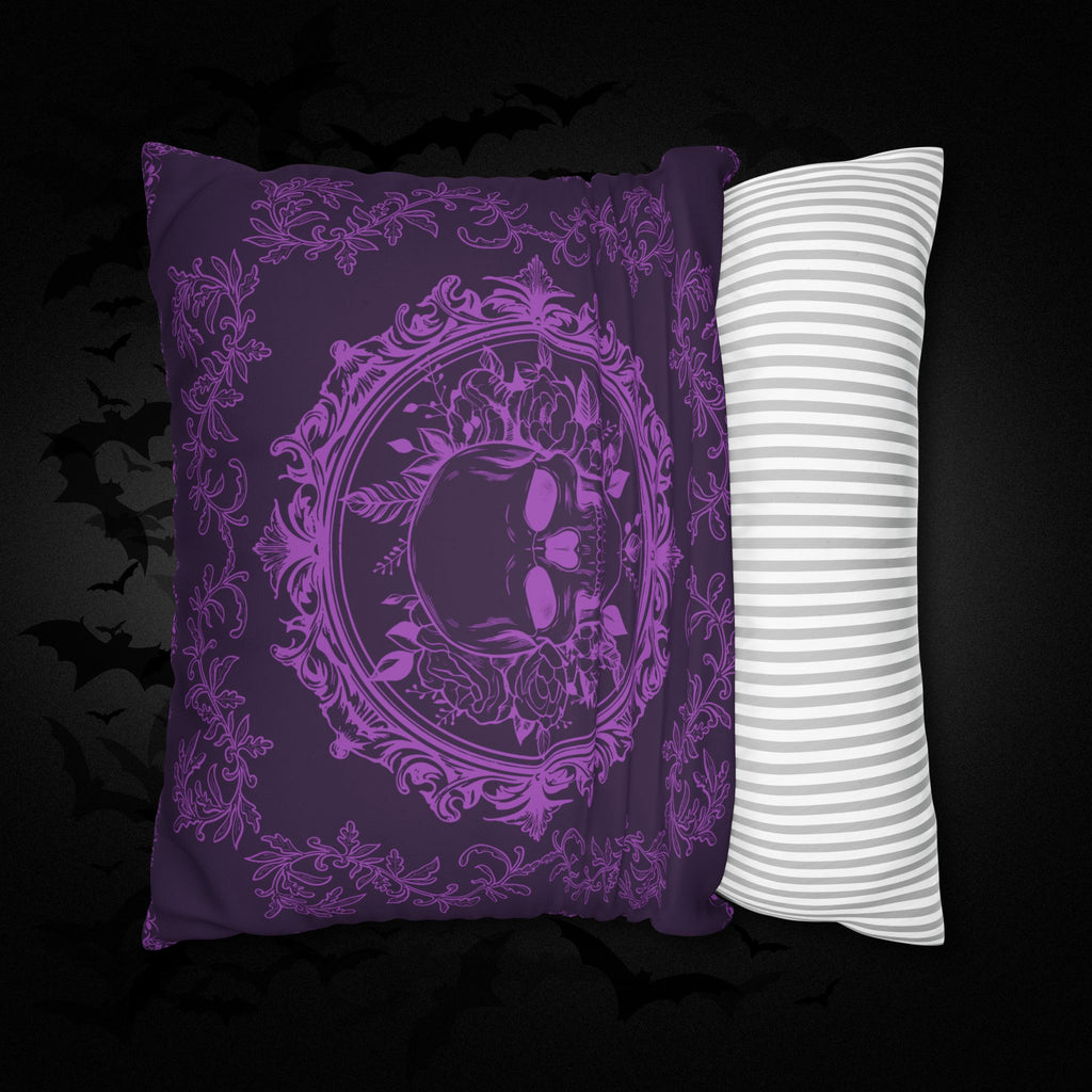 Purple Gothic Floral Skull Throw Pillow — Baroque Botanical Dark Home Decor