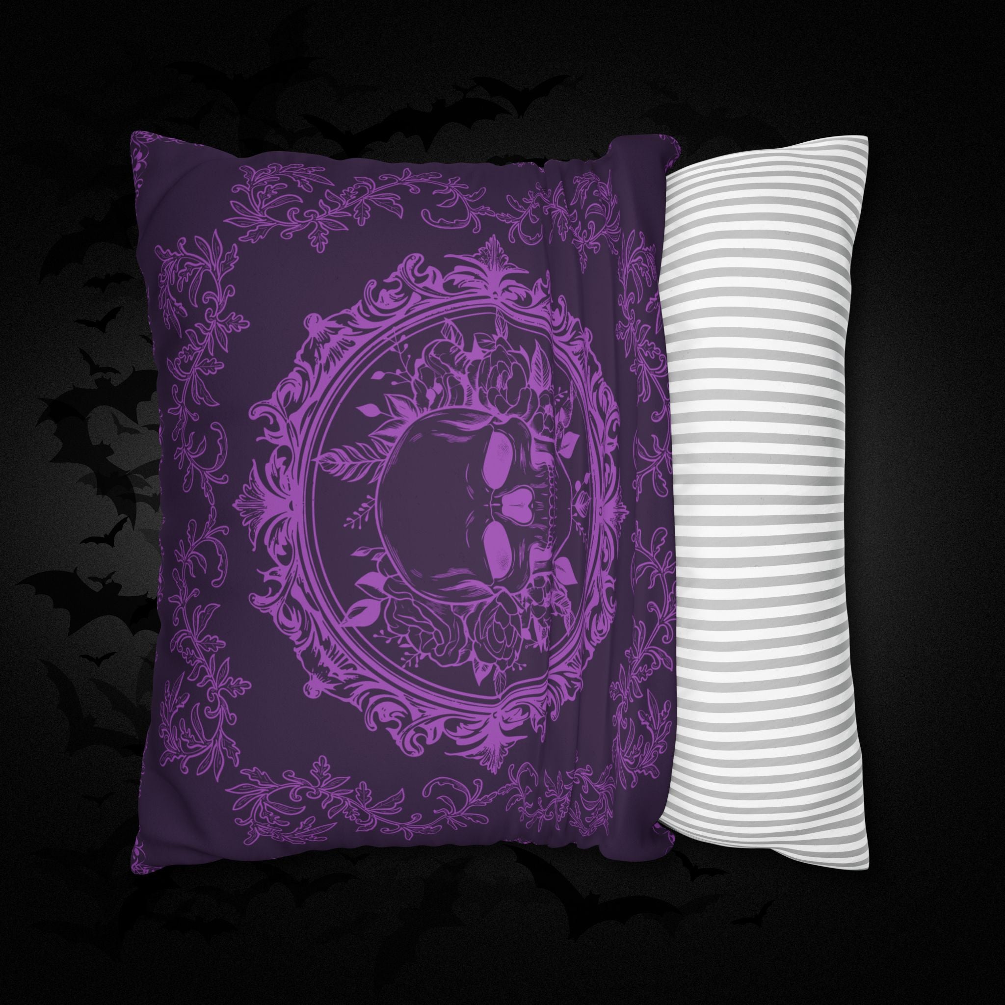 Purple Gothic Floral Skull Throw Pillow — Baroque Botanical Dark Home Decor