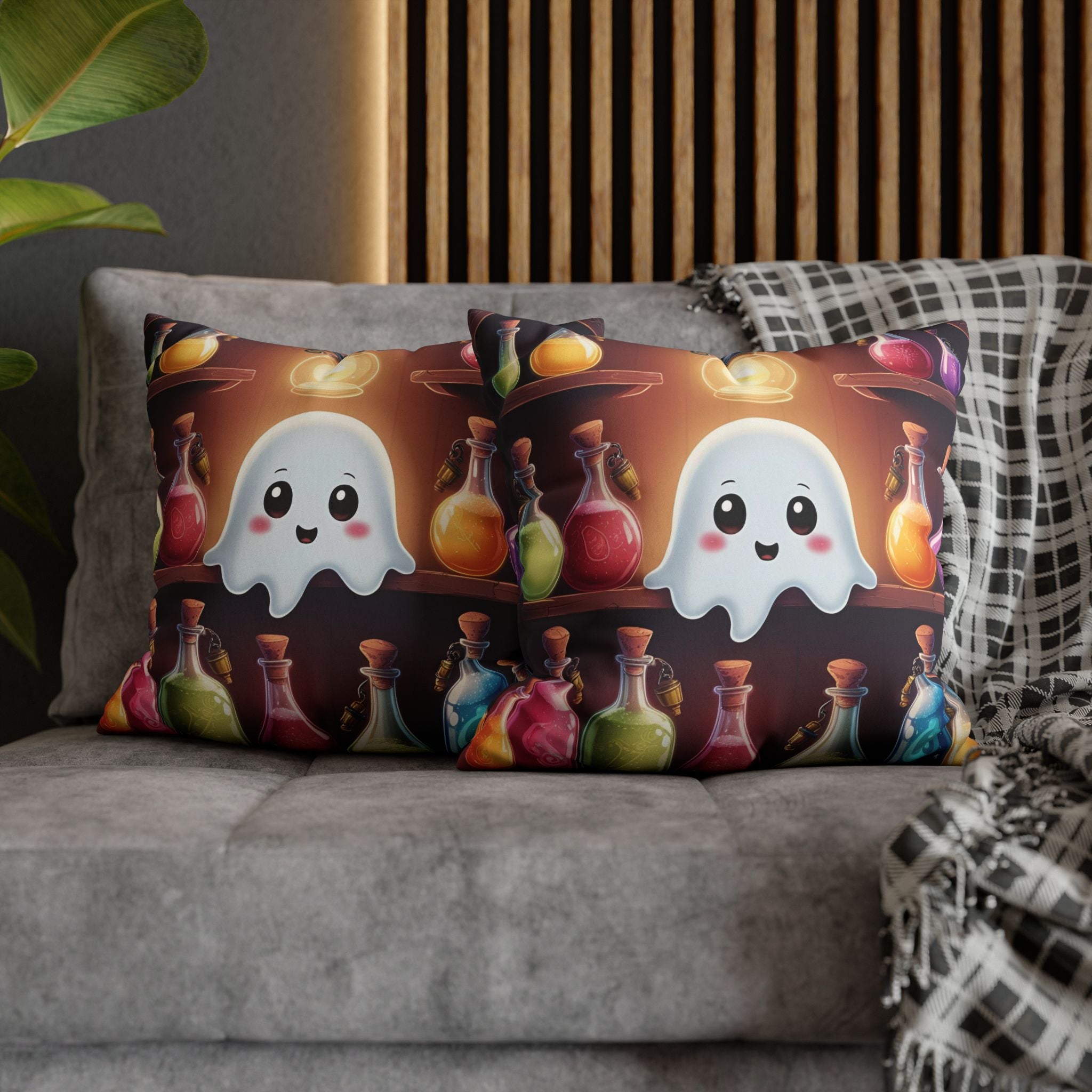 Apothecary Ghost Throw Pillow — Whimsigoth Potion Shelf Dark Home Decor