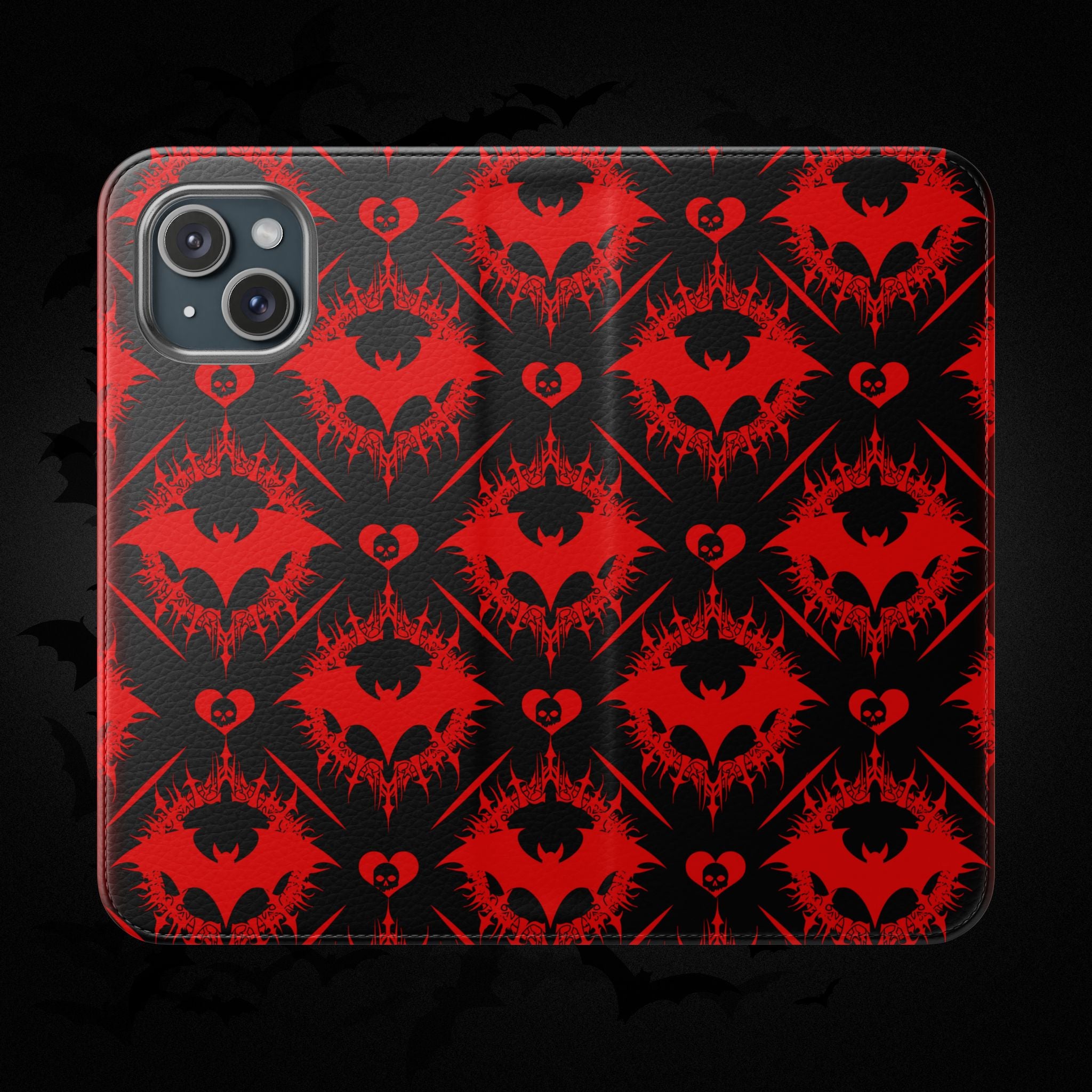 Gothic Bat Wallet Flip Case - Elegant Goth Phone Wallet - Bat Pattern Flip Case - Gothic Phone Case - Stylish Wallet Phone Case