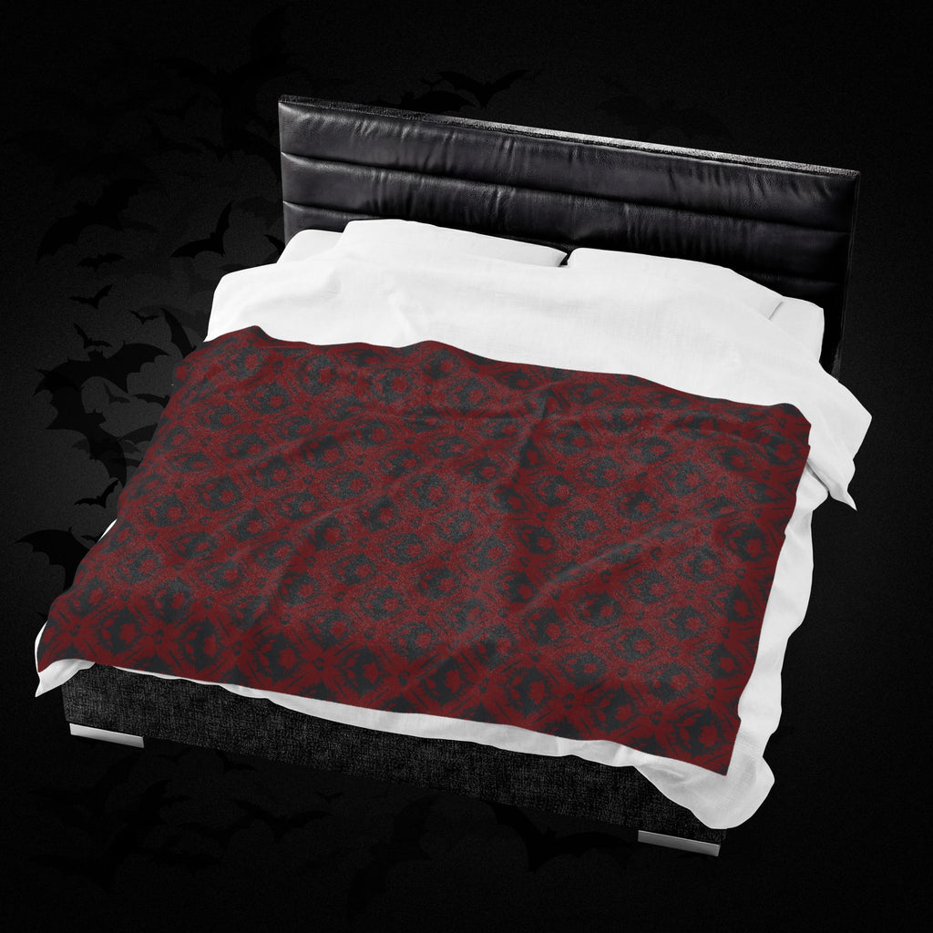 Gothic Bat & Skull Heart Throw Blanket — Crimson Red Colorway