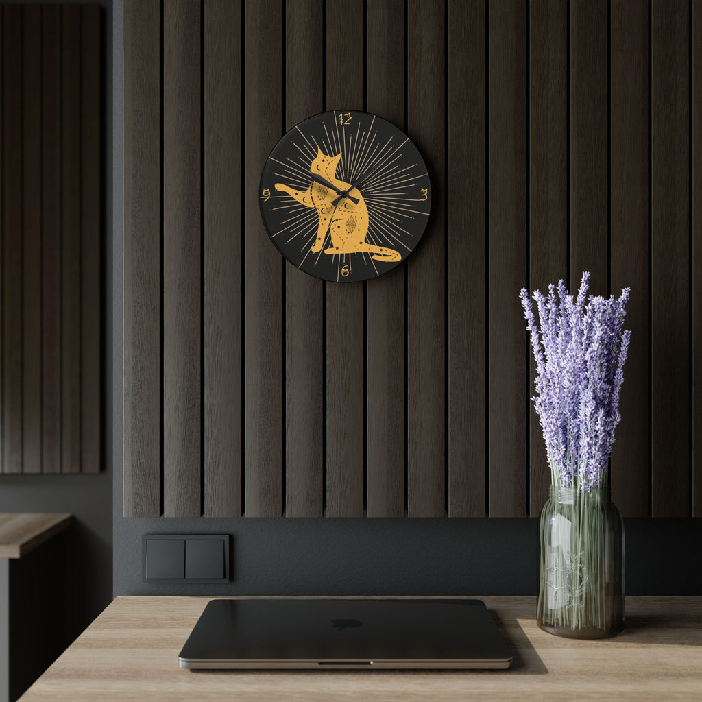 Celestial Cat Wall Clock — Gold Witchy Acrylic Art Print Home Decor