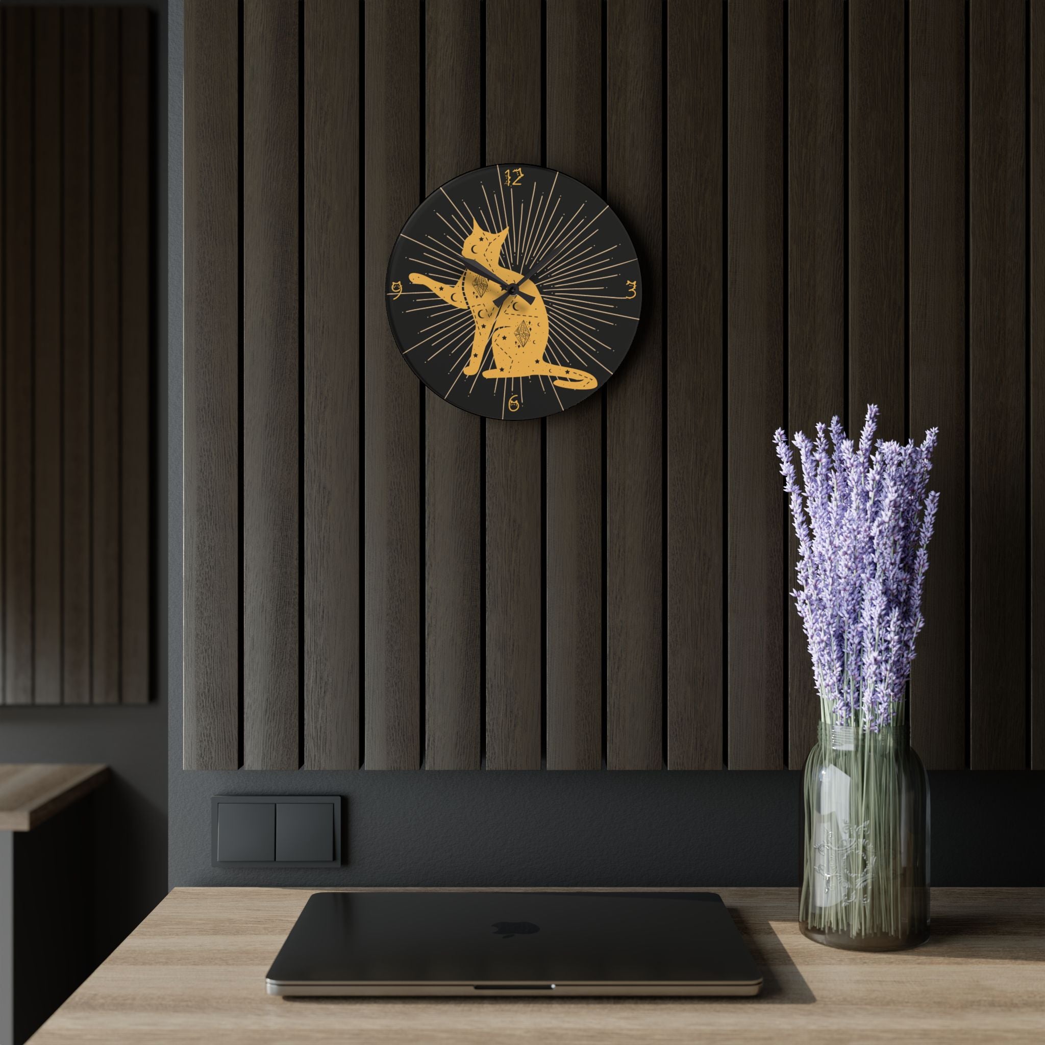 Celestial Cat Wall Clock — Gold Witchy Acrylic Art Print Home Decor