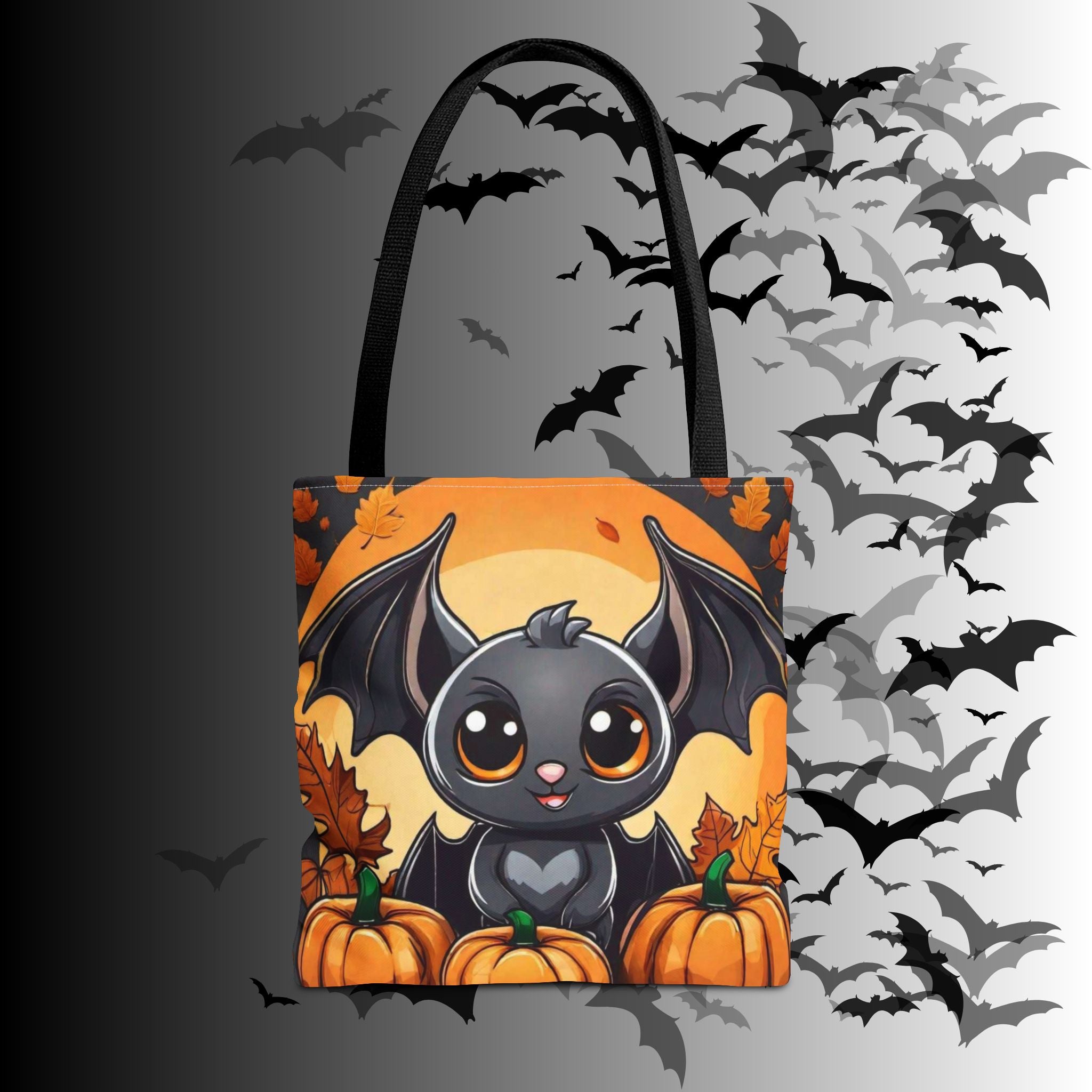 Kawaii Bat & Pumpkin Halloween Tote Bag — Autumn Full Moon Print