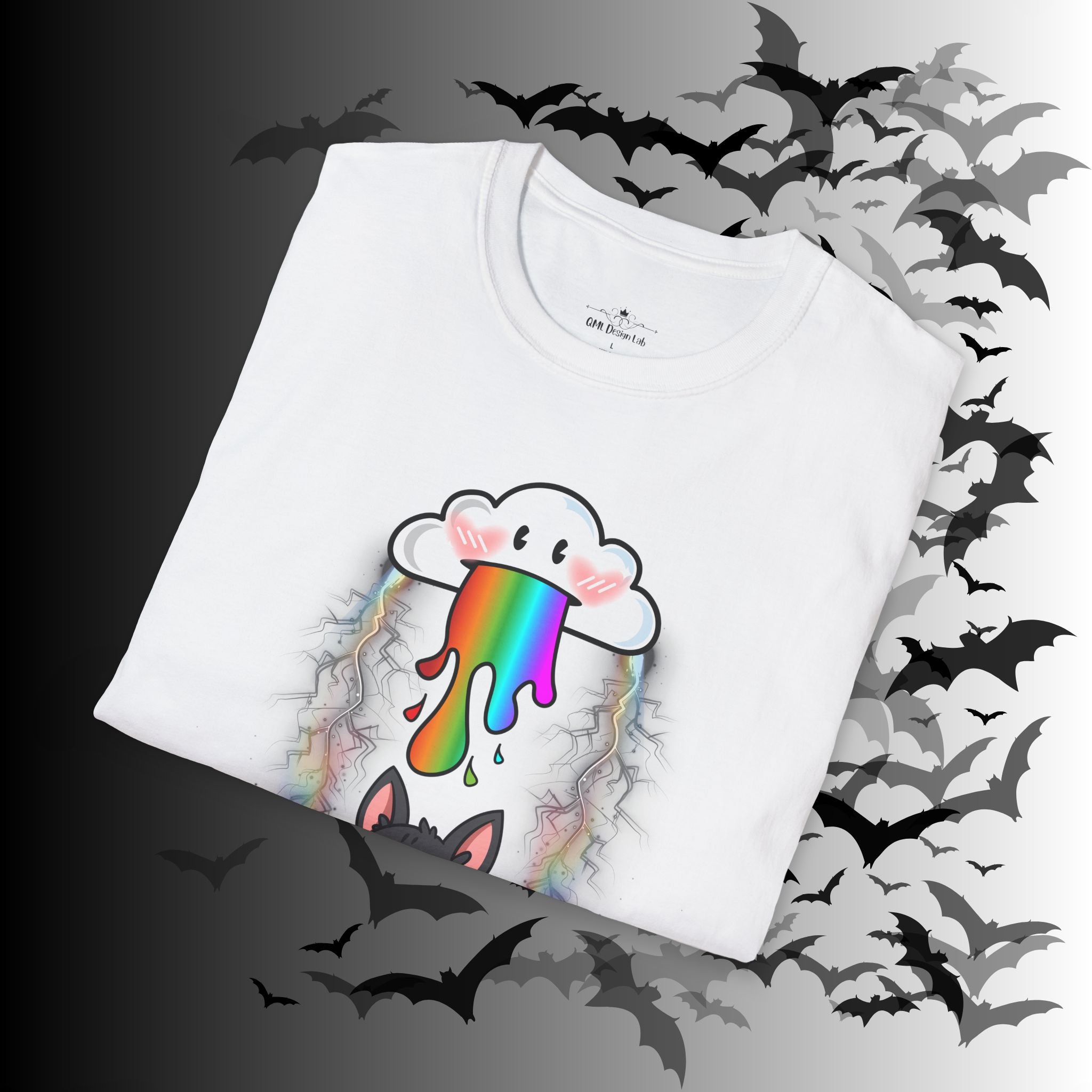 Rainbow Vomit Cloud Bat T-Shirt — Kawaii Goth Pride Unisex Tee