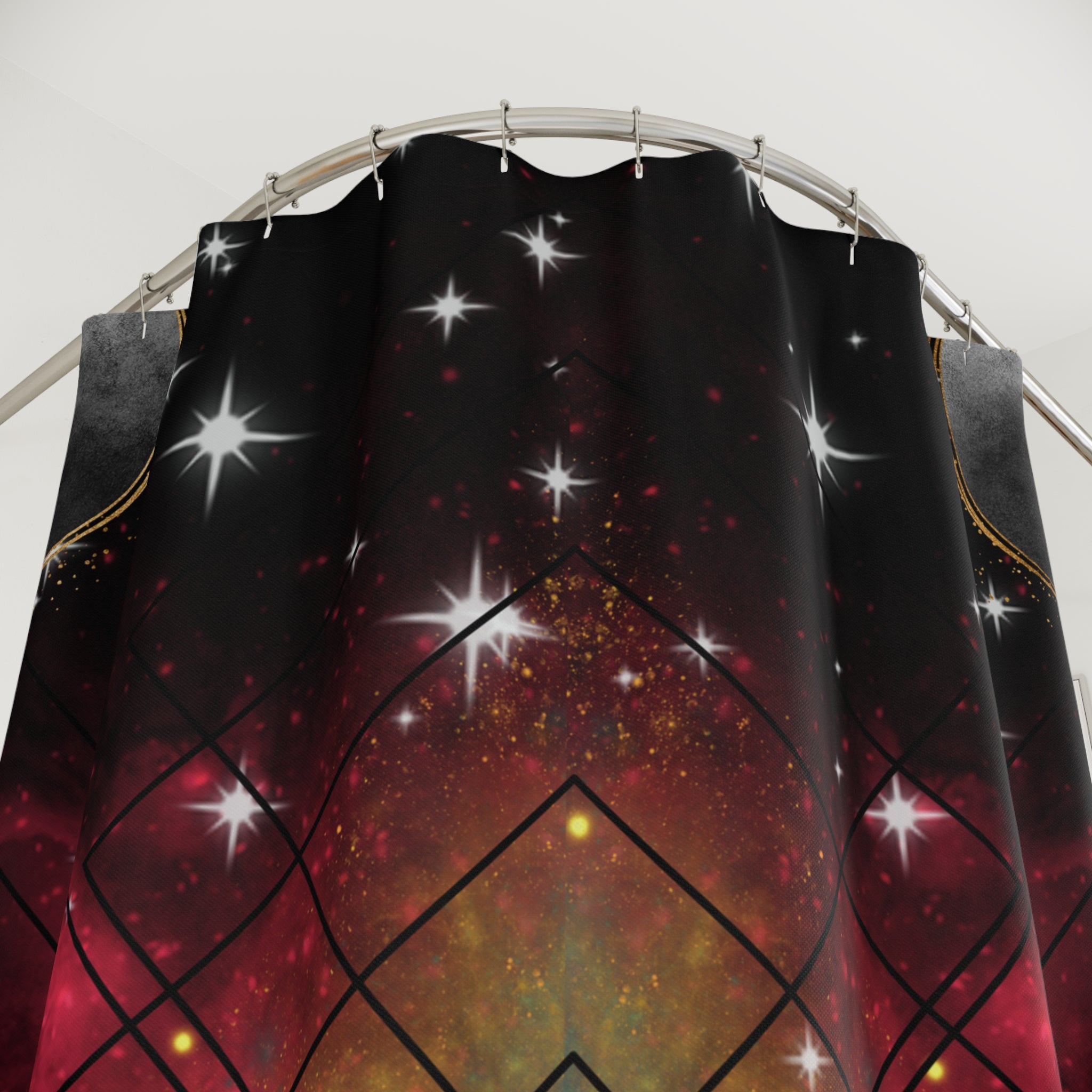 Rainbow Galaxy Geometric Shower Curtain — Colorful Space Bathroom Decor