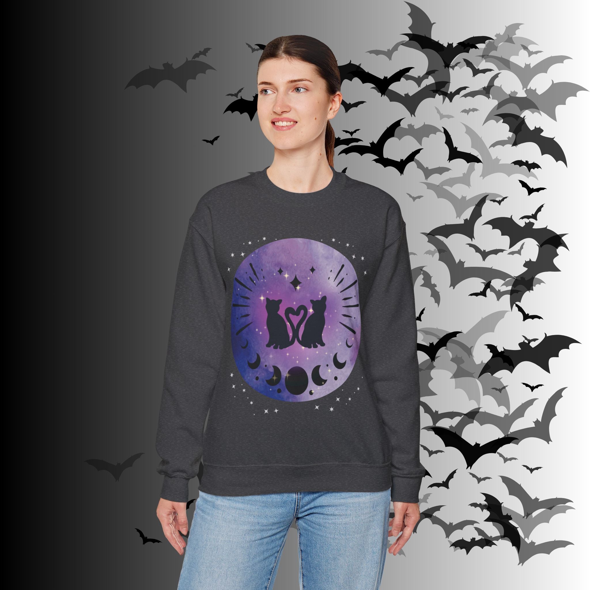 Celestial Twin Cats Heart Moon Crewneck Sweatshirt — Witchy Moon Phase