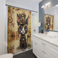 Steampunk shower curtain with a kawaii tuxedo cat wearing brass goggles, a top hat with gear emblem, and a leather vest on an aged parchment background with rust-toned cogs and mechanical blueprints displayed in a white bathroom