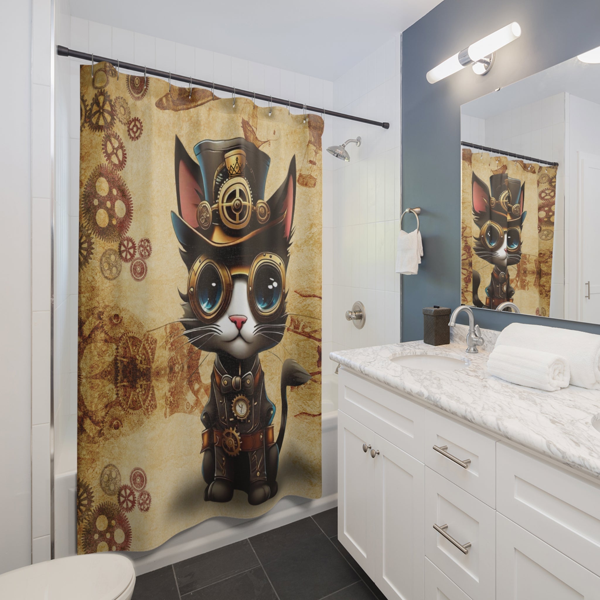 Steampunk shower curtain with a kawaii tuxedo cat wearing brass goggles, a top hat with gear emblem, and a leather vest on an aged parchment background with rust-toned cogs and mechanical blueprints displayed in a white bathroom