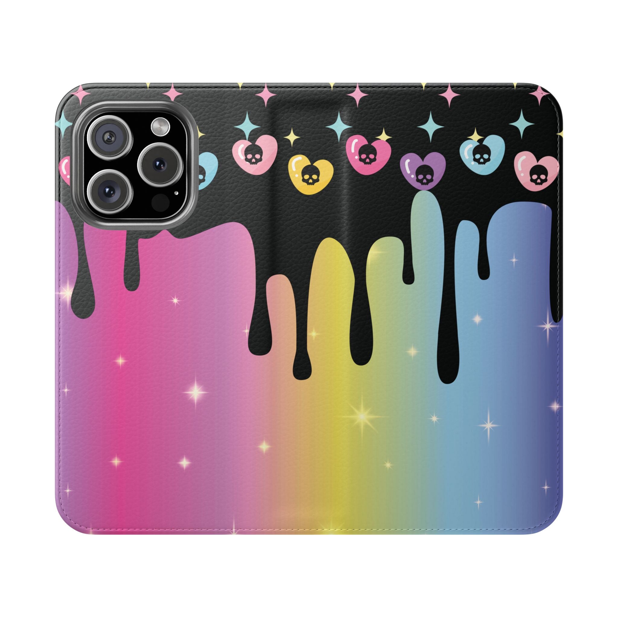 Pastel Goth Drippy Rainbow Skulls Flip Wallet Phone Case - Wallet Case for Samsung and iPhone - Gothic Style Wallet Phone Cases