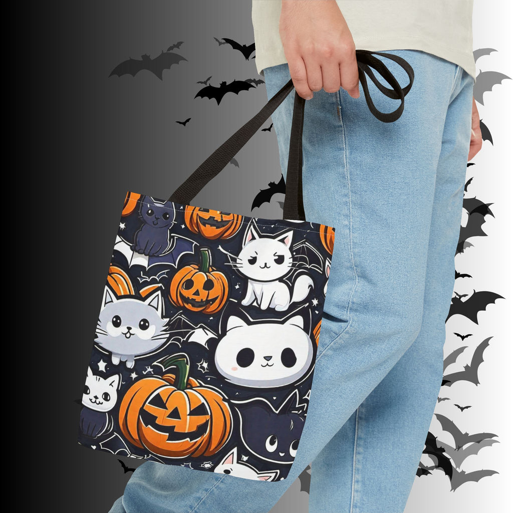 Kawaii Halloween Cat & Pumpkin Tote Bag — Spooky Multi-Cat Pattern