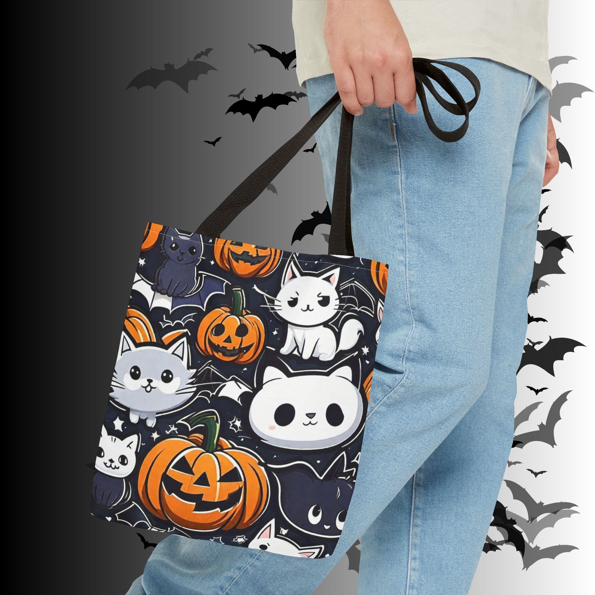 Kawaii Halloween Cat & Pumpkin Tote Bag — Spooky Multi-Cat Pattern