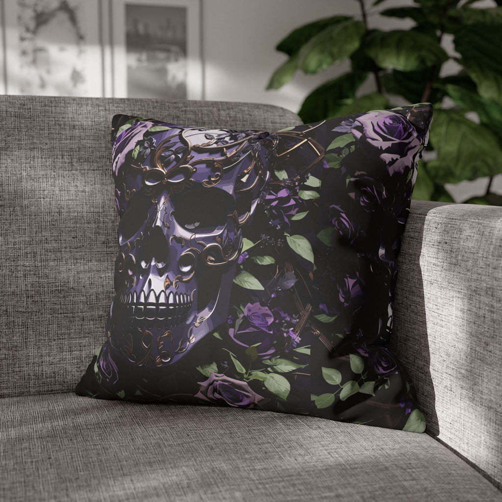 Gothic Black Purple Skull Throw Pillow — Dark Floral Botanical Home Decor
