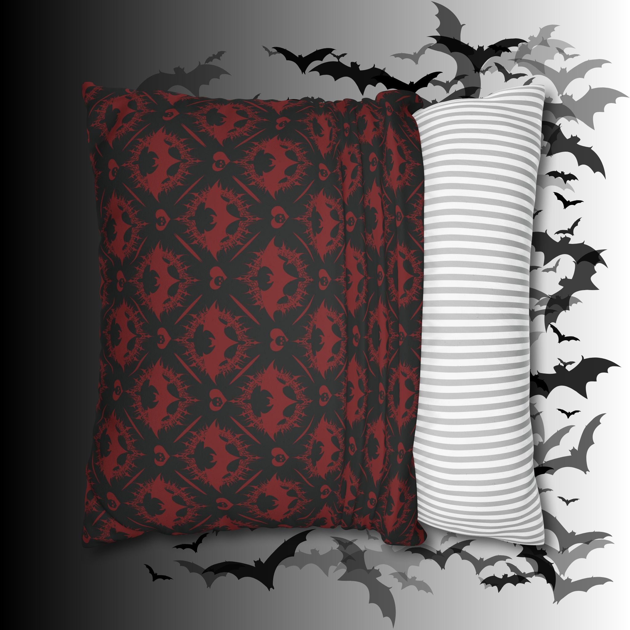 Gothic Bat Diamond Pattern Throw Pillow — Midnight Black Dark Home Decor